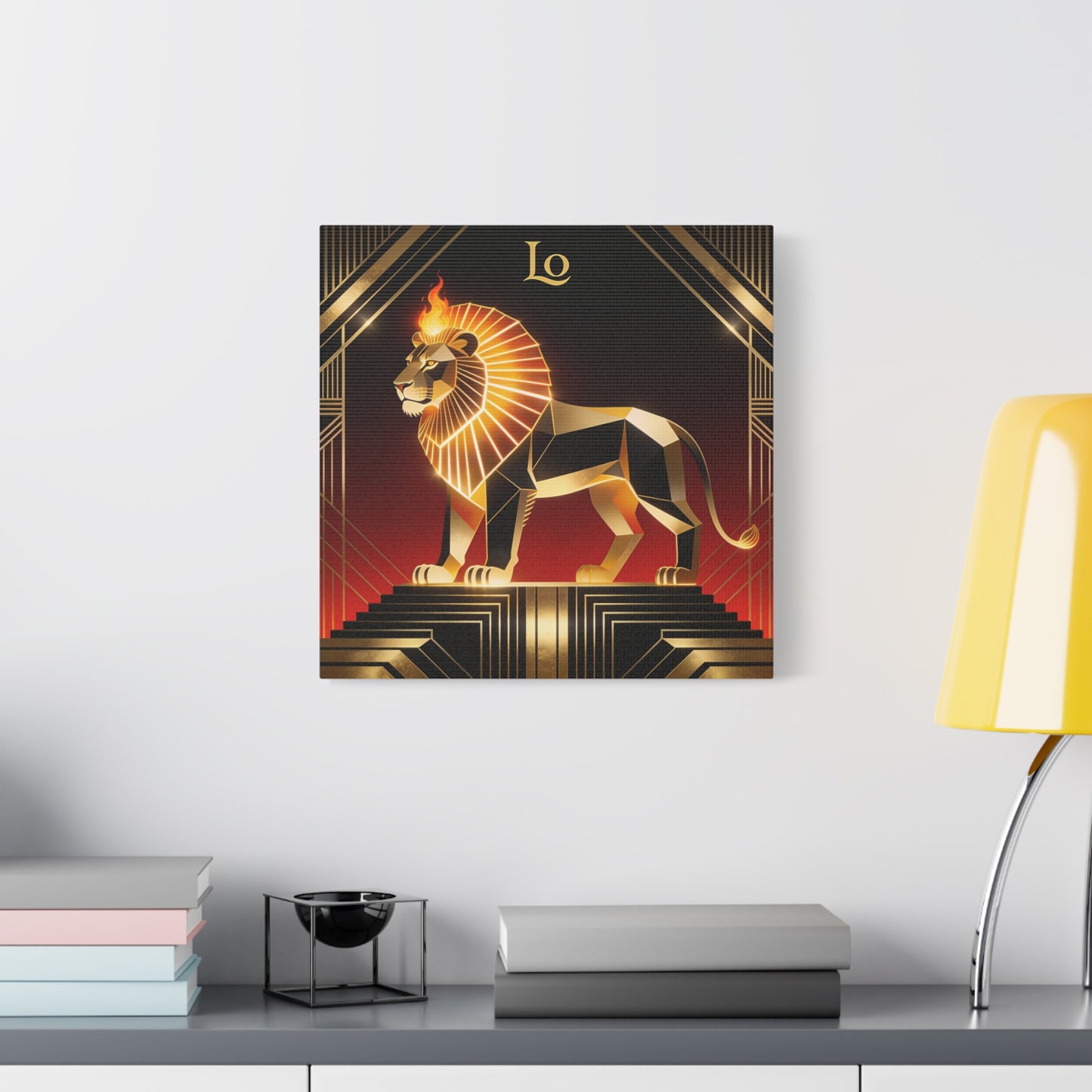"Lo" Geometric Lion Canvas Wall Decor - Art Deco Gold Black Red Animal Print - Flaming Mane Illustration, Modern Luxe Interior Accent, Living Room Home Decoration - Living Room Wall Decor