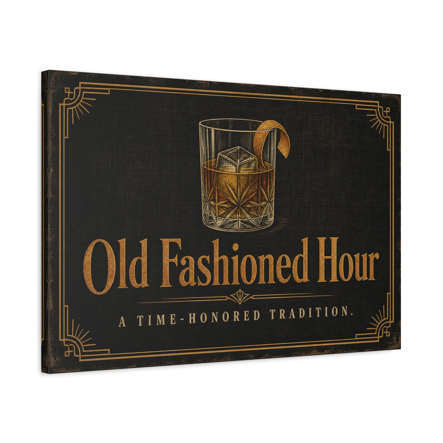 "Old Fashioned Hour" Canvas Wall Art - Vintage Whiskey Glass Quote Print, Art Deco Bar Cart Decor - Matte Cotton Wall Hanging - Speakeasy Lounge Style, Home Bar - Ready to Hang - Cocktail Lounge Decor