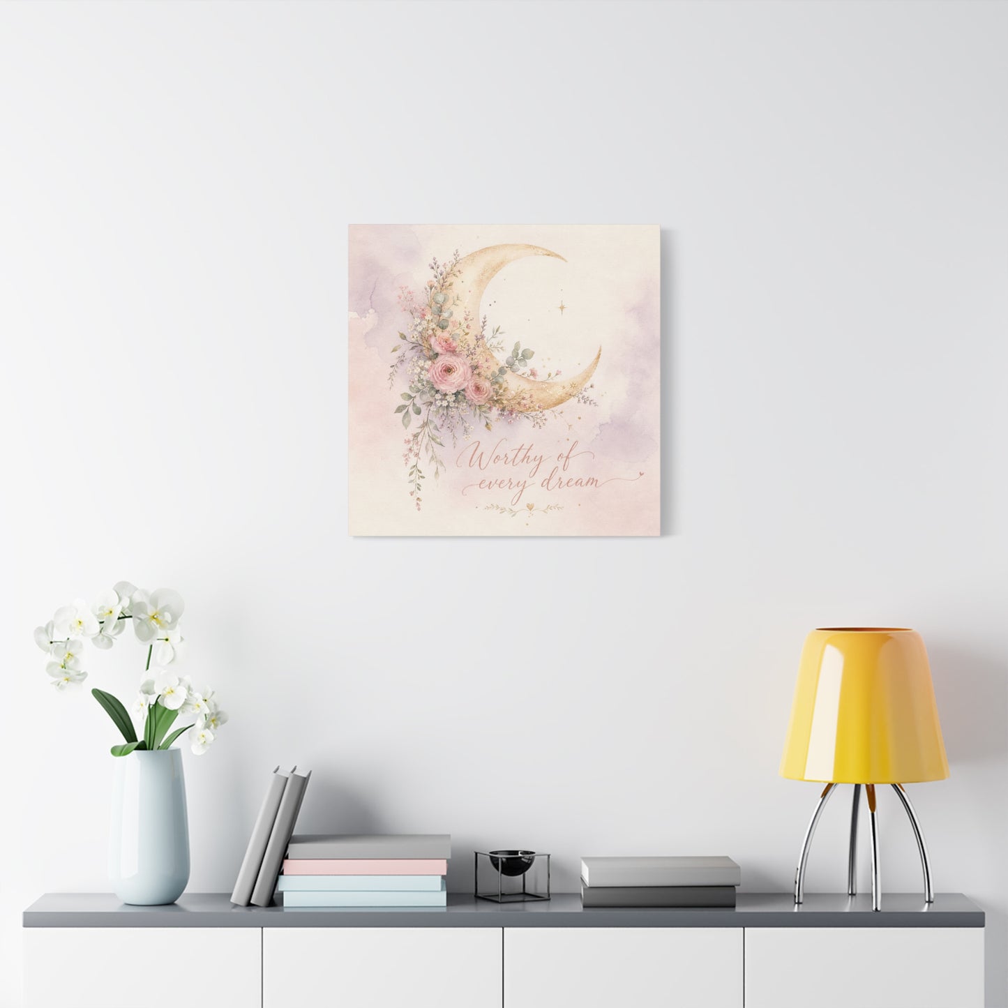 "Worthy Of Every Dream" Moon Canvas Wall Art - Floral Crescent, Inspirational Blush Gold Watercolor - Bohemian Bedroom Wall Decor - Nursery Home Decoration - Bedroom Home Decoration - Ready to Hang