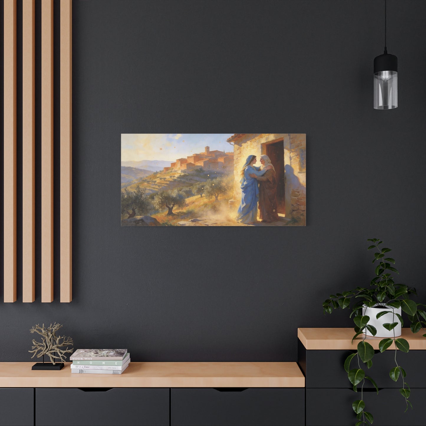 Virgin Mary Visitation Canvas Wall Art - Religious Biblical Village Scene, Golden Light Painting - Christian Home Decor, Traditional Style - Living Room Wall Decor Bedroom Decoration - Ready to Hang