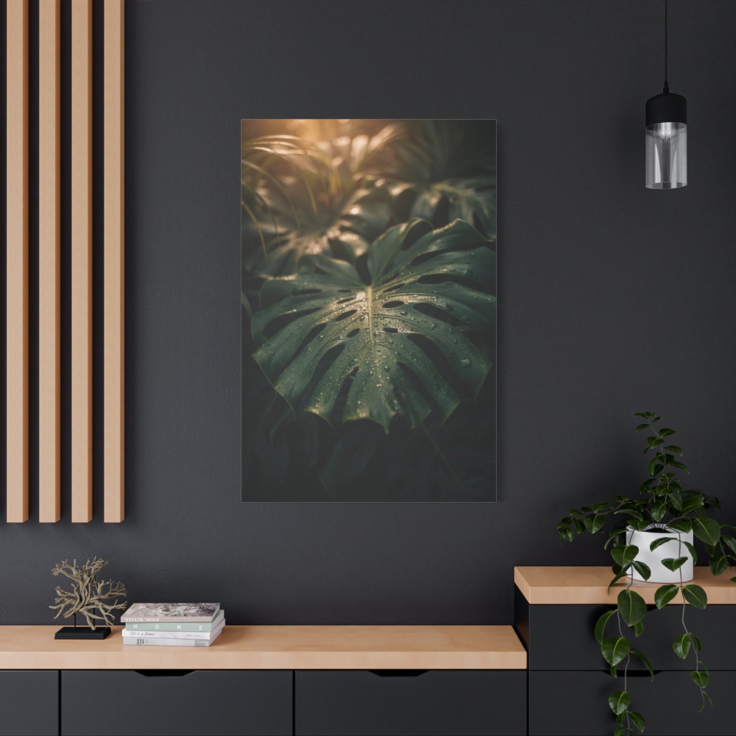 Monstera Leaf Canvas Wall Art - Tropical Botanical Art Print, Moody Green Foliage - Matte Cotton Canvas Print - Bedroom Wall Decor, Bathroom Home Decoration, Spa Style Accent - Cozy Reading Nook Art