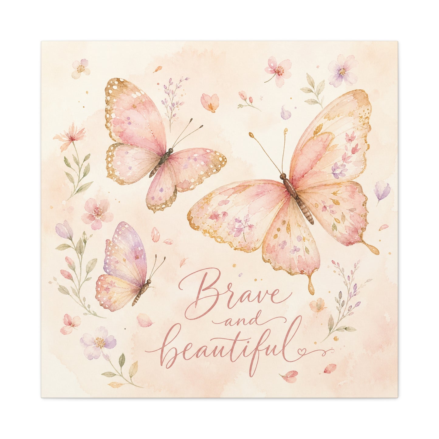 "Brave And Beautiful" Butterfly Canvas Wall Art - Pink Floral Watercolor Quote Print - Inspirational Girls Bedroom Decor - Nursery Wall Hanging - Bedroom Home Decoration - Modern Farmhouse Style