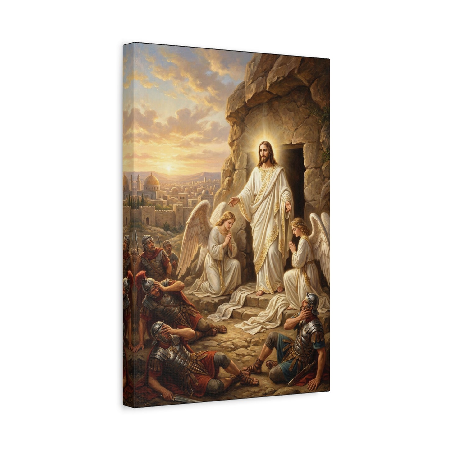 Jesus Christ Resurrection Canvas Wall Art - Empty Tomb, Angels, Roman Soldiers - Traditional Religious Print, Golden Dawn Scene - Living Room Wall Decor, Bedroom Home Decoration - Ready to Hang