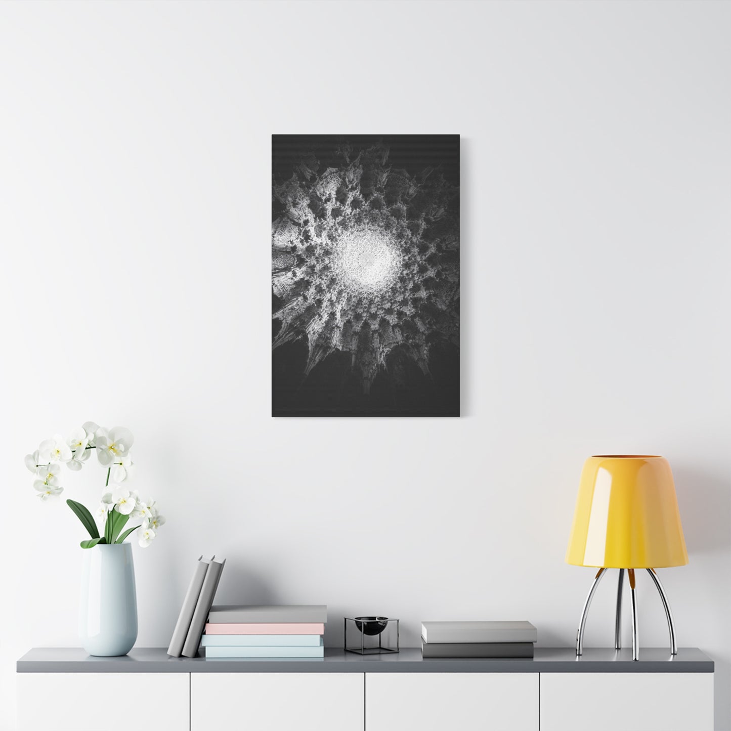 Abstract Black White Canvas Wall Art - Monochrome Fractal Mandala Design, Architectural Spiral Light - Matte Cotton Art Print - Contemporary Decor For Living Room, Bedroom, Office Accent
