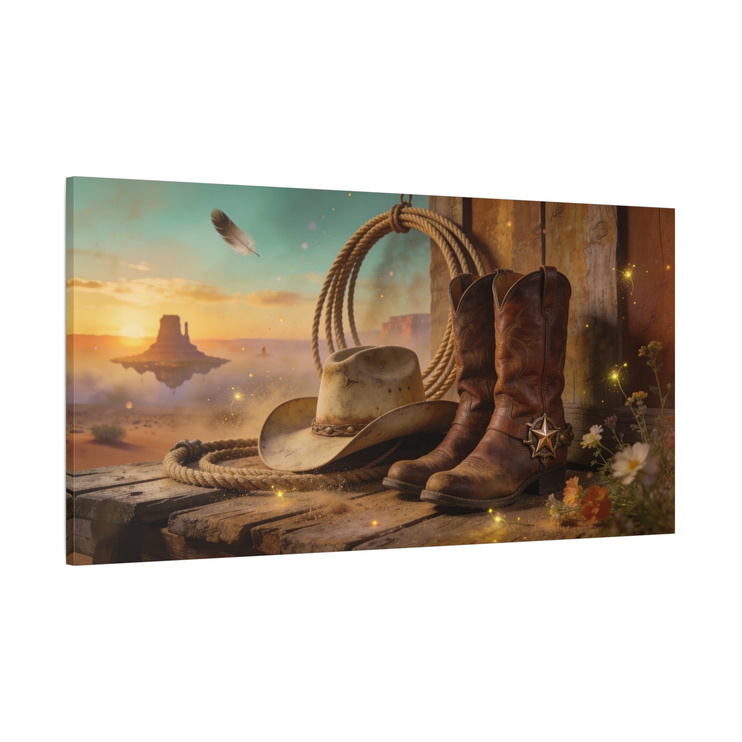 Western Cowboy Boots Canvas Wall Art - Desert Mesa Sunset, Hat And Lasso - Rustic Cotton Print - Vintage Ranch Style - Living Room Wall Decor, Office Art, Entryway Decoration - Bedroom Home Decoration