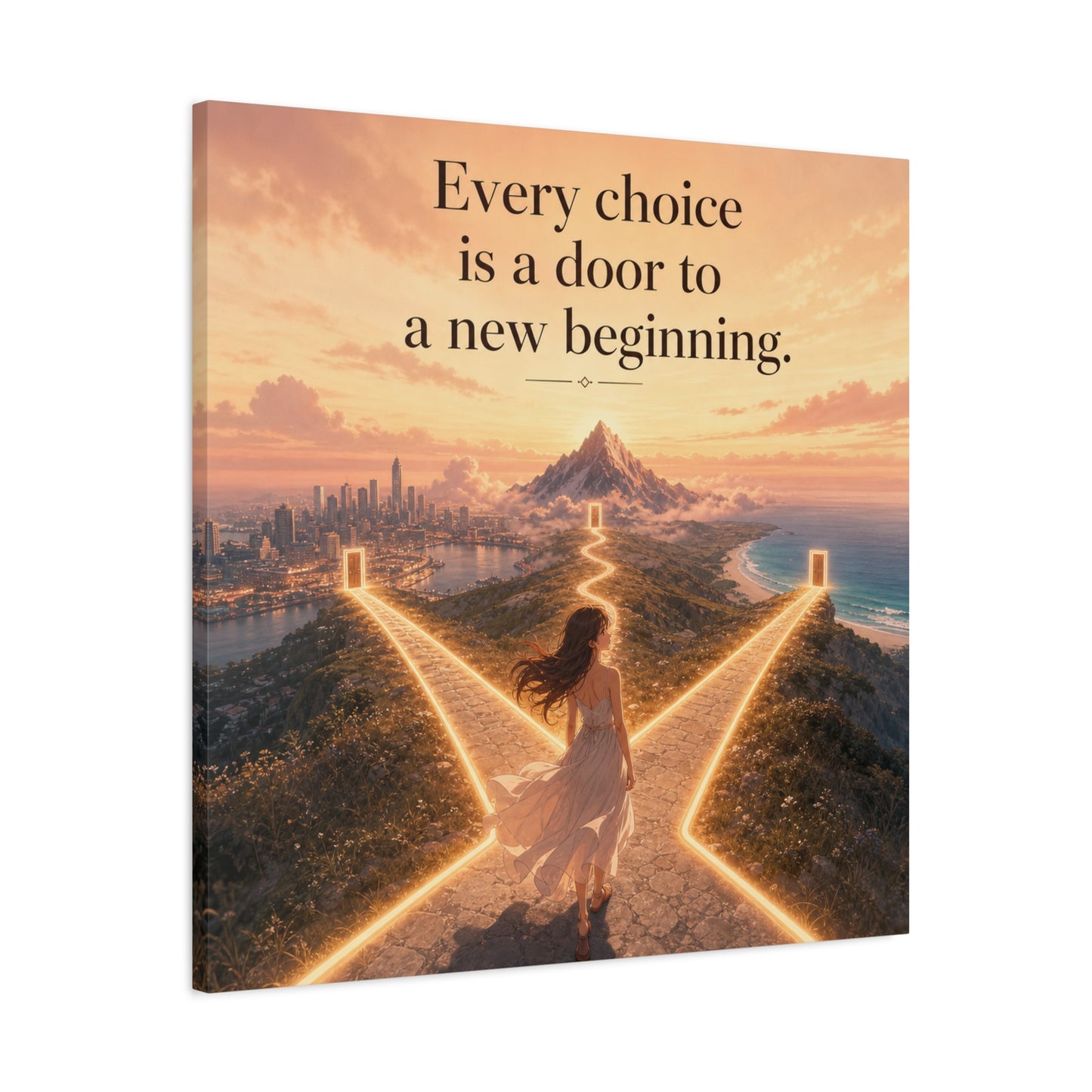 "Every Choice Is A Door To A New Beginning." Inspirational Canvas Wall Art - Woman At Glowing Crossroads Path, Mountain And Coast Dreamscape - Modern Typography Decor For Bedroom Office