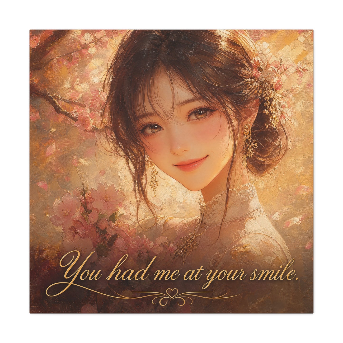 You Had Me At Your Smile Portrait Canvas Wall Art - Romantic Floral Woman Quote Print - Golden Blush Illustration - Traditional Style Living Room Decor - Ready to Hang - Living Room Wall Decor
