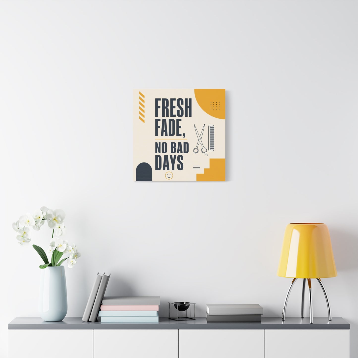 "Fresh Fade, No Bad Days" Barber Shop Canvas Wall Art - Scissors And Comb Typography Print - Modern Yellow Black Salon Decor - Workspace Wall Decor, Lobby Wall Art Accent - Gallery Wrapped Canvas