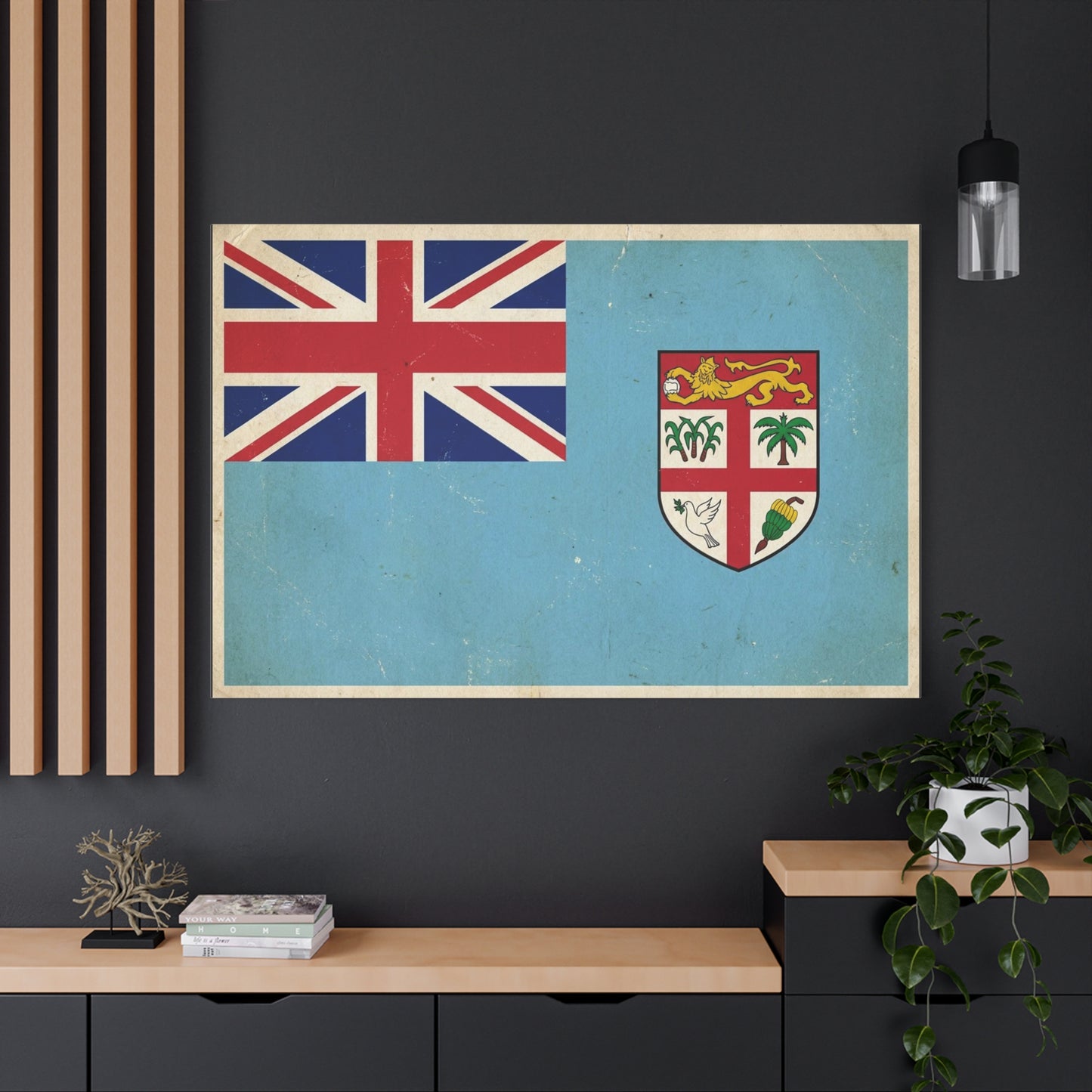 Vintage Fiji Flag Canvas Wall Art - Distressed British Ensign And Shield Print - Retro Patriotic Decor, Coastal Blue Island Style, Living Room Wall Decor, Office Art - Ready to Hang - Ready to Hang
