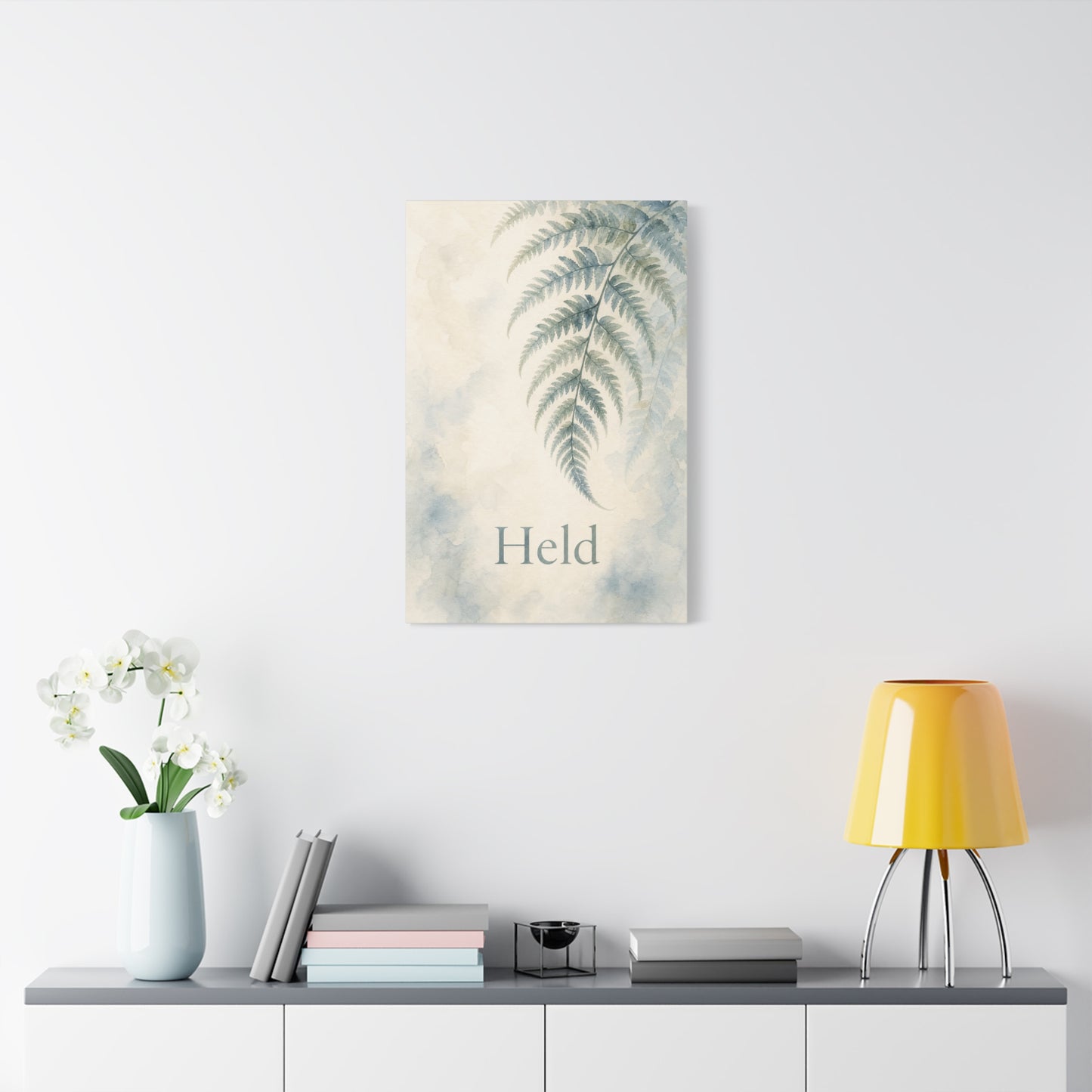 "Held" Fern Botanical Canvas Wall Art - Watercolor Leaf Print, Calming Bedroom Wall Decor, Minimalist Blue Green Nature Home Decoration, Meditation Space Accent - Ready to Hang - Cozy Reading Nook Art