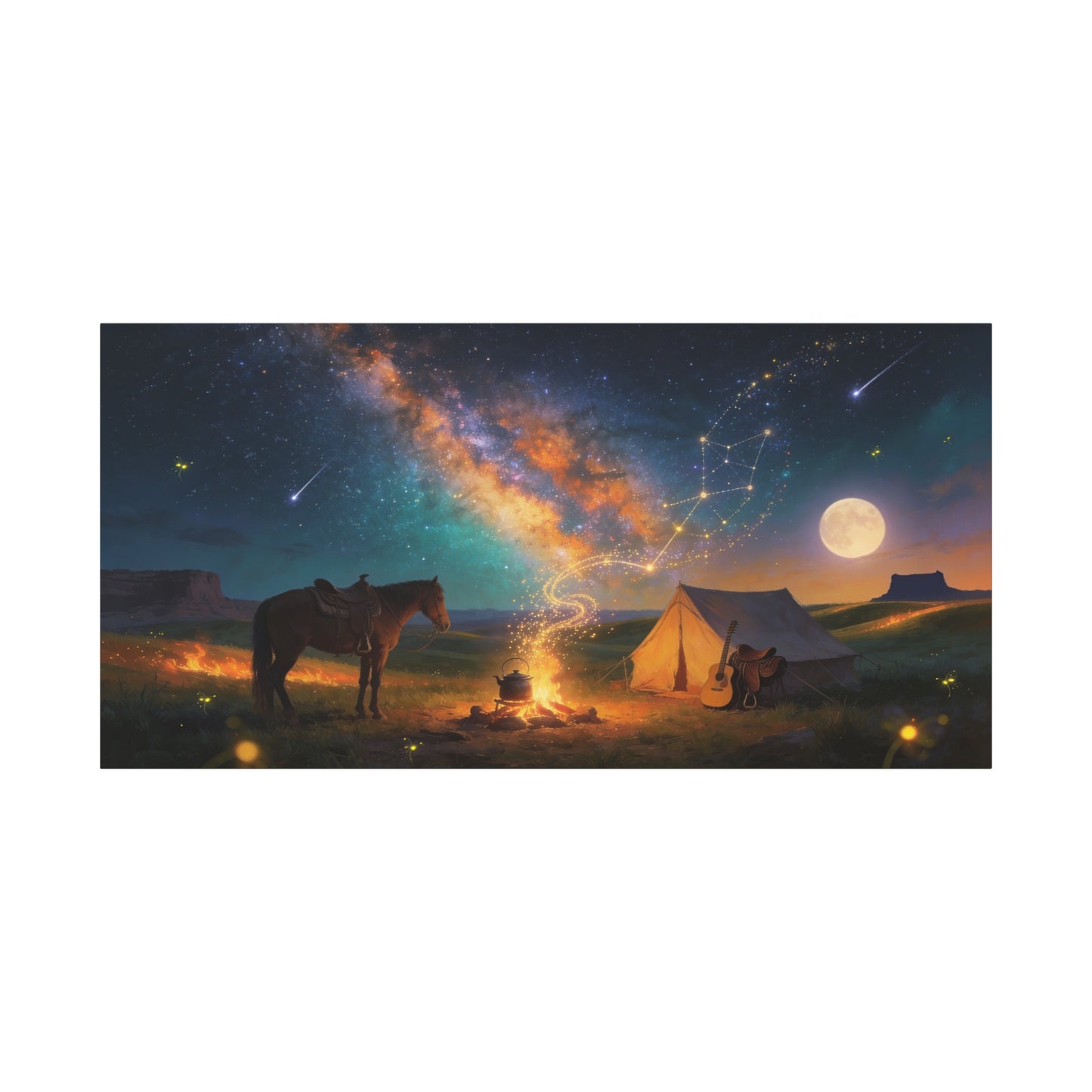 Western Night Sky Canvas Wall Art - Horse, Tent, Campfire And Milky Way Constellation - Dreamy Cosmic Desert Landscape - Modern Home Decor For Living Room, Bedroom, Office - Living Room Wall Decor