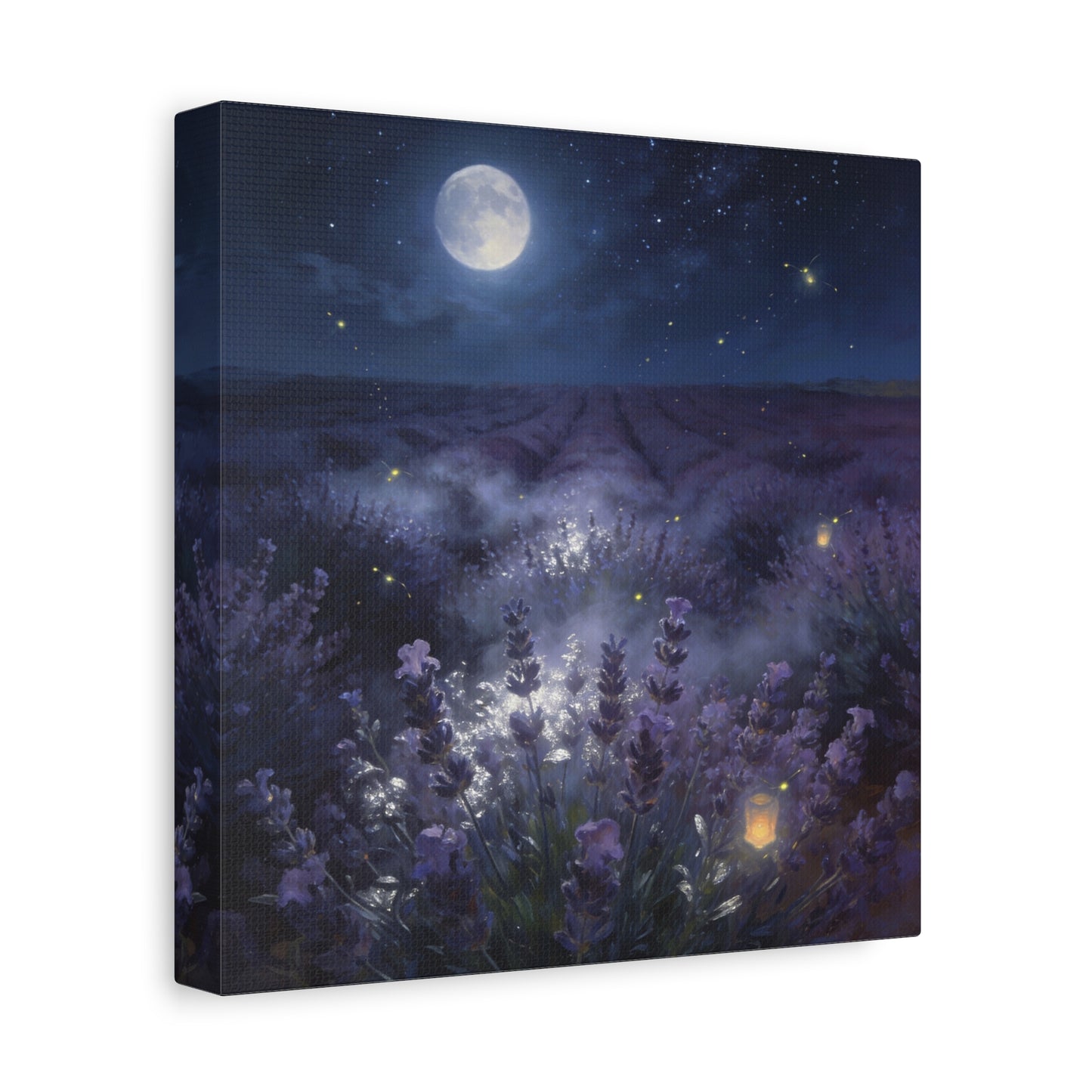 Moonlit Lavender Field Canvas Wall Art - Firefly Night Landscape, capiz shells wall decor - Matte Cotton Art Print, Calming Traditional Style - Bedroom Home Decoration, Office Wall Art - Ready to Hang