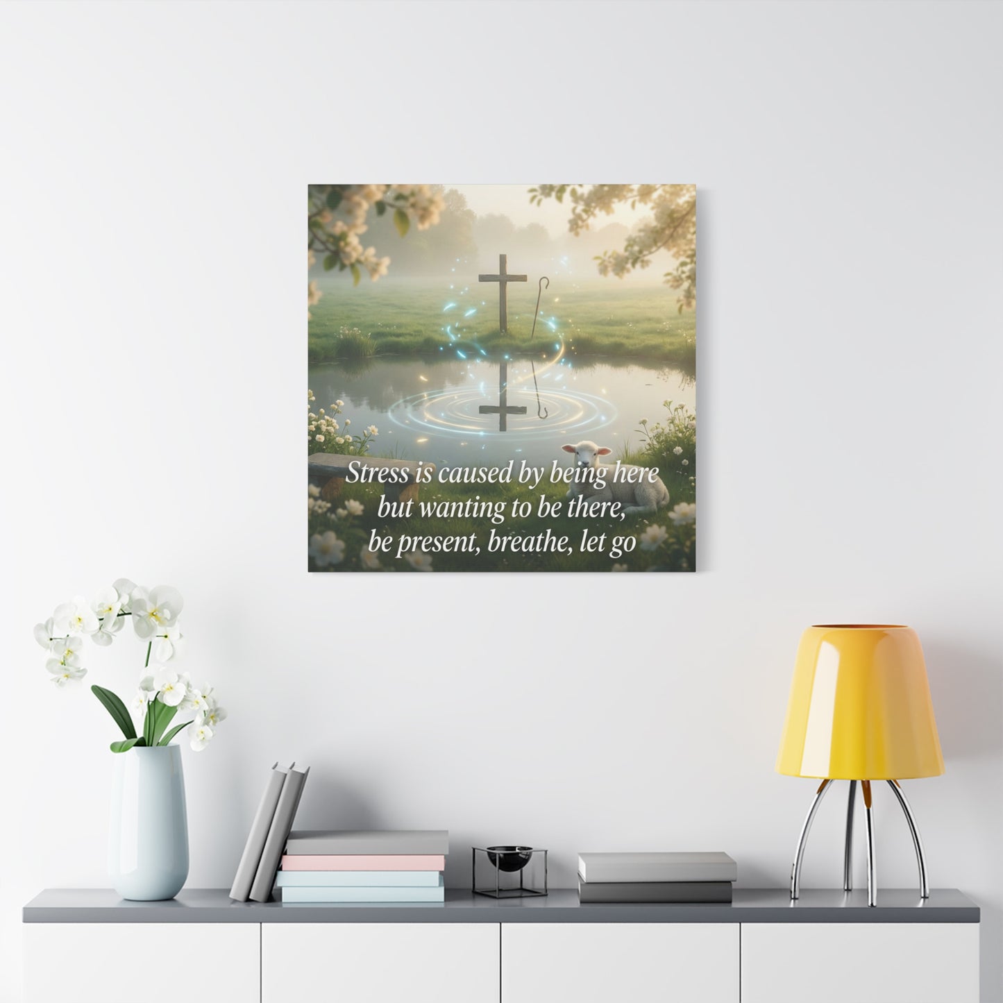"Stress is caused by being here but wanting to be there, be present, breathe, let go" Cross Canvas Wall Art - Christian Inspirational Pond Scene - Traditional Style - Bedroom Wall Decor