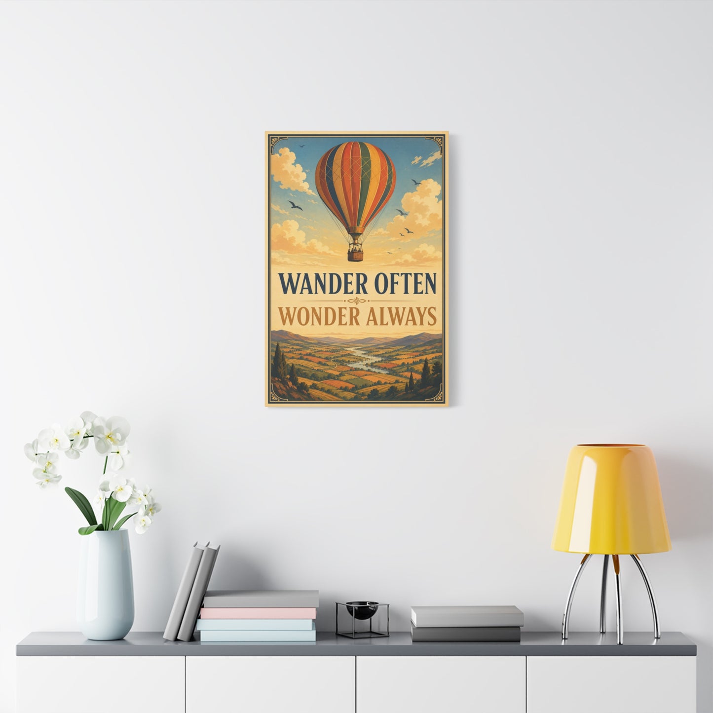 "Wander Often Wonder Always" Hot Air Balloon Canvas Wall Art - Vintage Travel Landscape Quote Print, Retro Sky Poster Style, Living Room Wall Decor - Ready to Hang - Bedroom Home Decoration