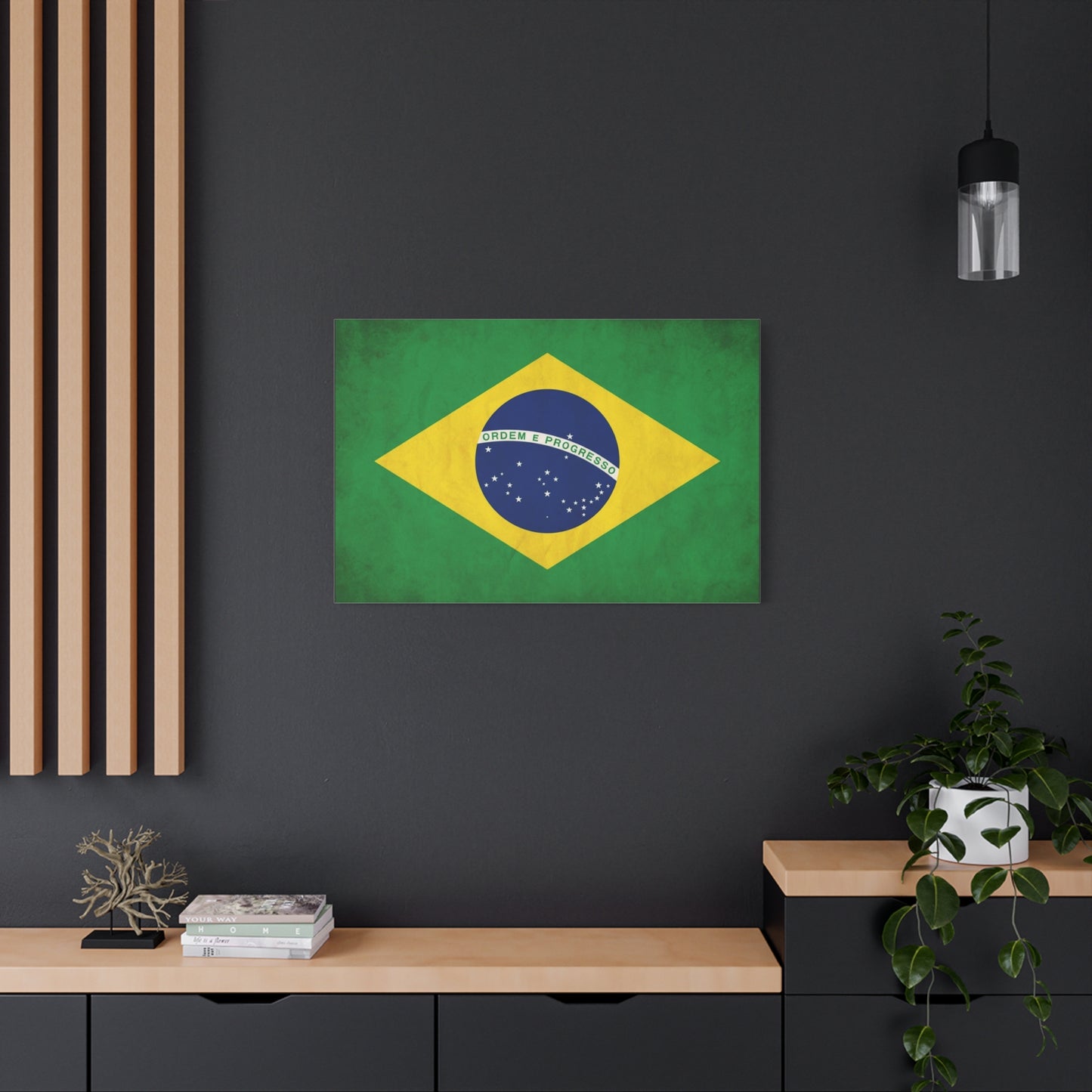 "Ordem E Progresso" Brazil Flag Canvas Wall Art - Brazilian Flag Wall Decor, Vintage National Pride Print - Green Yellow Blue Typography Style - Living Room Bedroom Office Decoration - Ready to Hang