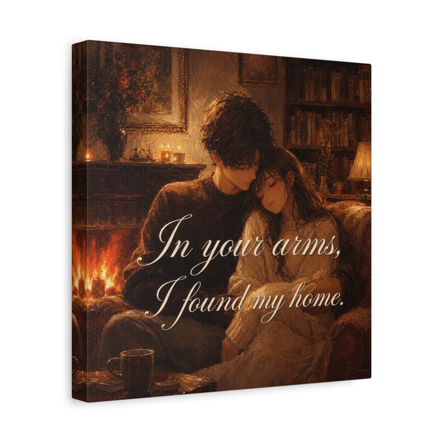 "In Your Arms, I Found My Home" Romantic Couple Canvas Wall Art - Cozy Fireplace Library Scene, Warm Vintage Style - Bedroom Home Decoration, Living Room Accent - Ready to Hang - Office Wall Art