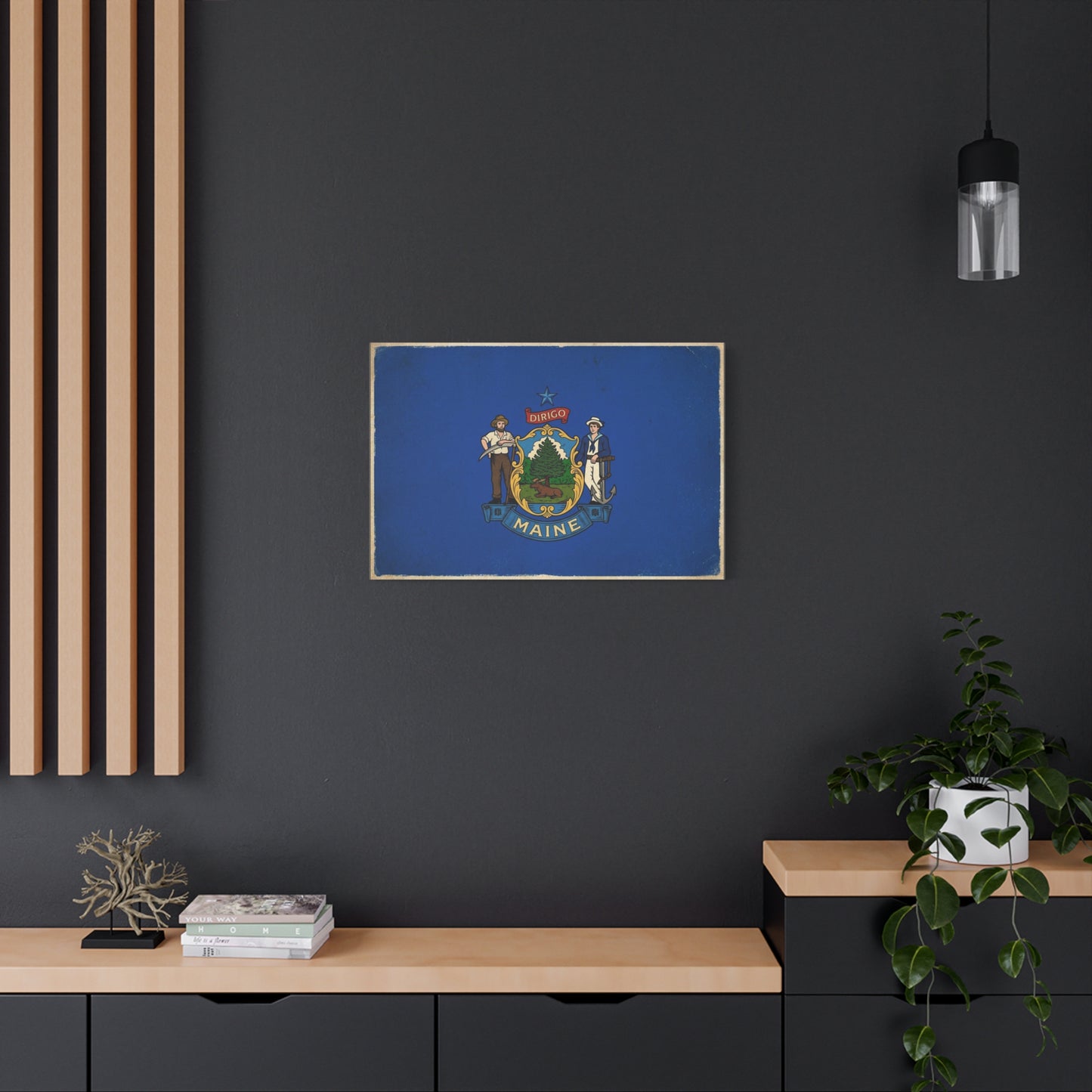 Maine State Flag Canvas Wall Art - Dirigo Vintage Blue Flag Print, Rustic Patriotic Decor - Distressed Illustration Style - Living Room Wall Decor, Office Art Accent - Bedroom Home Decoration