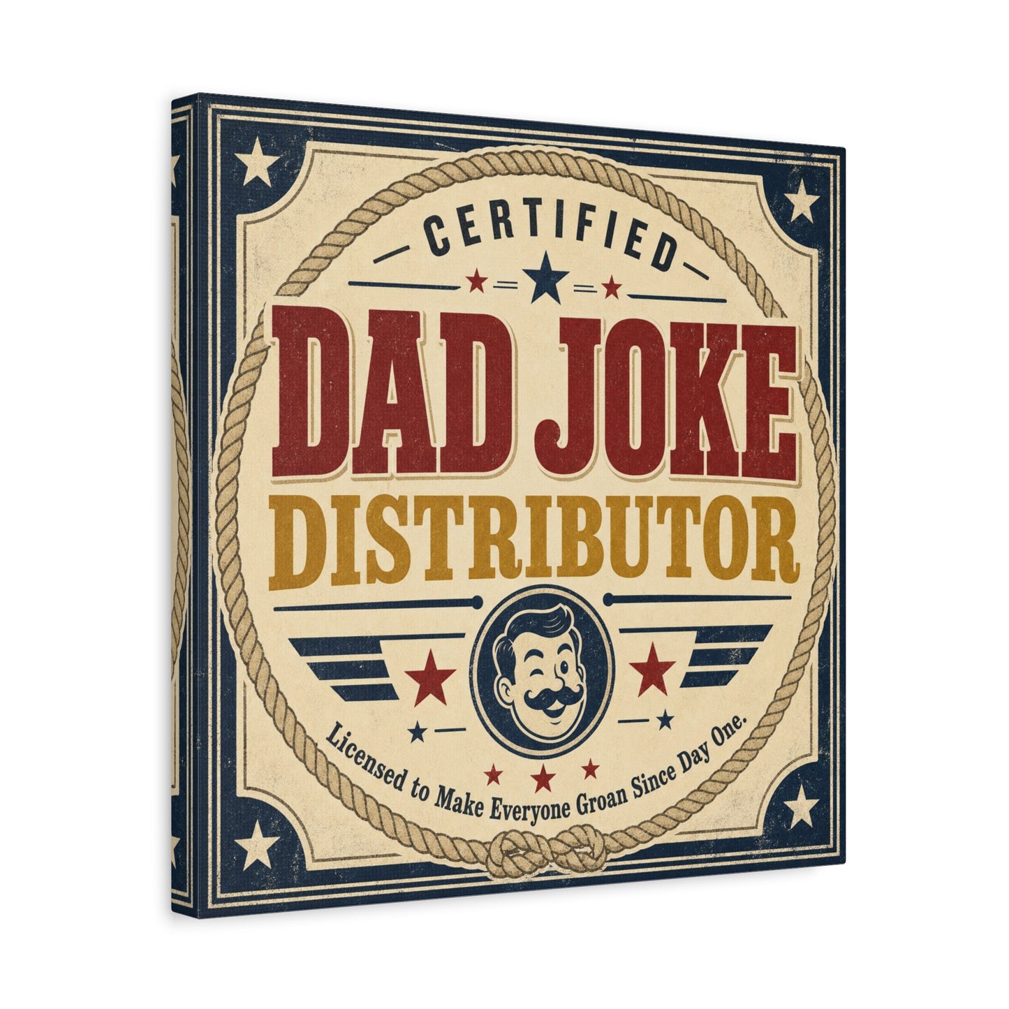 "Dad Joke Distributor" Funny Canvas Wall Art - Vintage Typography Humor Print, Retro Patriotic Stars And Mustache Illustration - Farmhouse Office Decor, Man Cave Wall Hanging - Bedroom Home Decoration