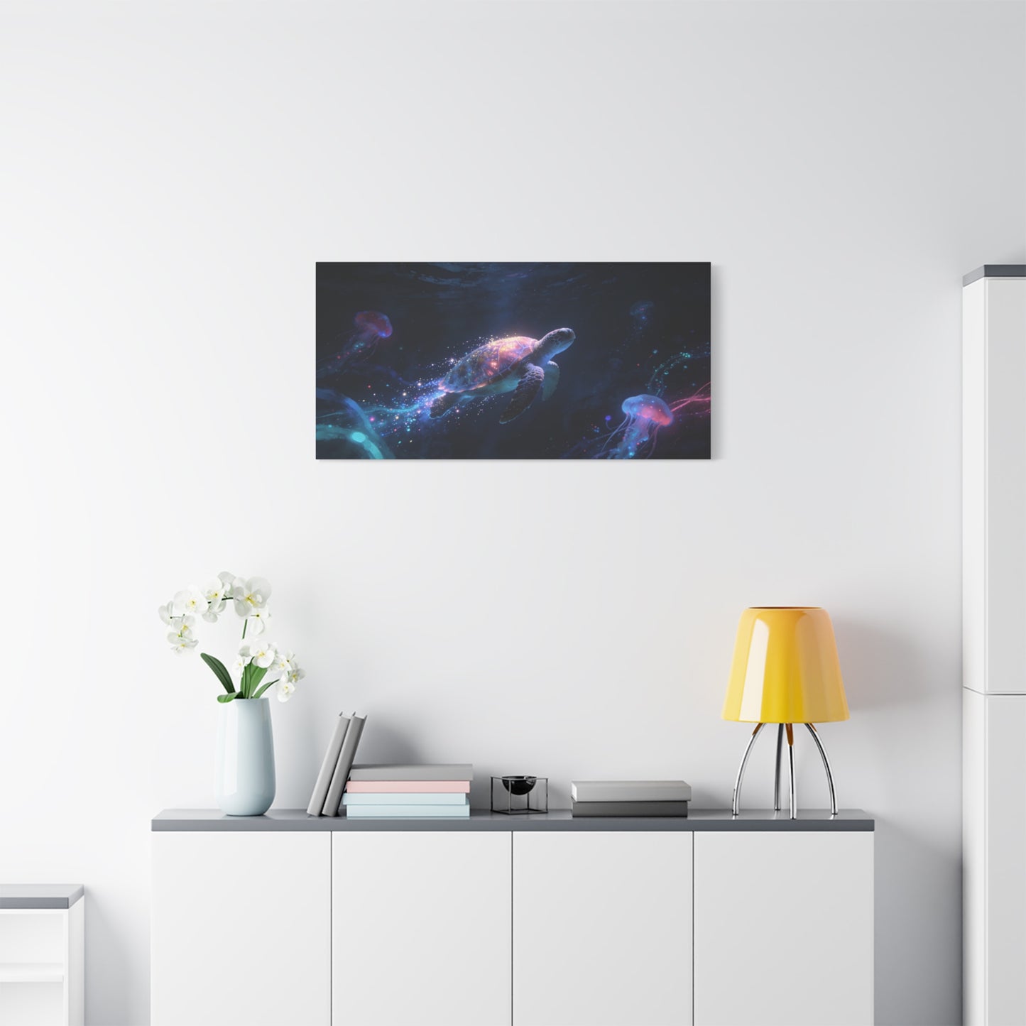 Sea Turtle Canvas Wall Art - Glowing Underwater Jellyfish Ocean Scene, Fantasy Marine Canvas Print - Contemporary Blue Seascape - Living Room Wall Decor, Bedroom Home Accent - Bedroom Home Decoration
