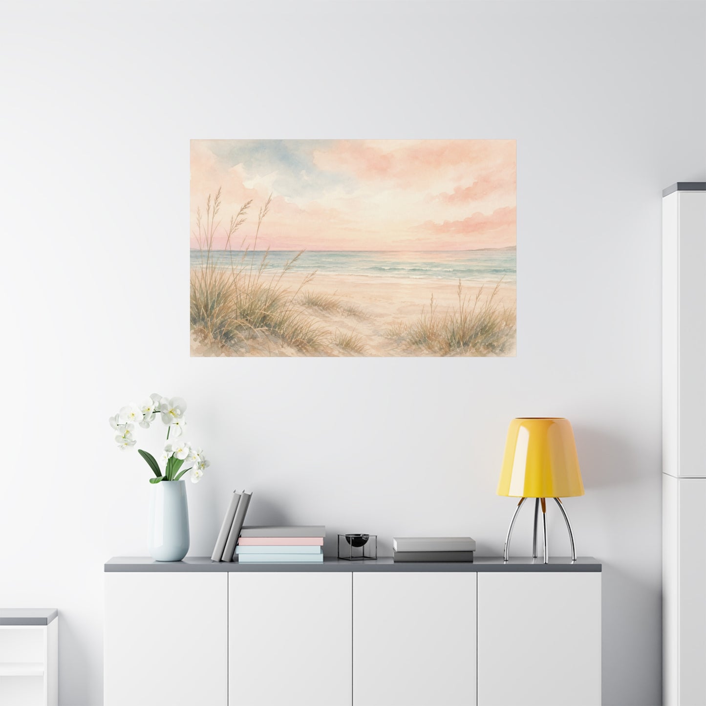Pastel Beach Dune Canvas Wall Art - Coastal Seascape Sunset Shore Grass Print - Soft Pink Blue Watercolor - Bedroom Wall Decor, Living Room Home Decoration - Bedroom Home Decoration - Ready to Hang