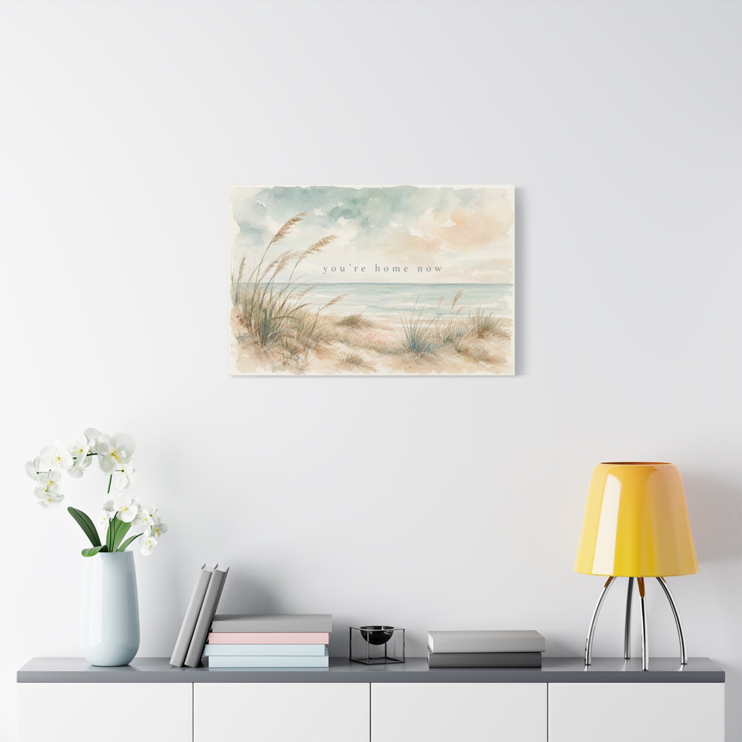 "You'Re Home Now" Coastal Canvas Wall Art - Beach Dune Watercolor Seascape - Soft Blue Beige Shore Scene - Traditional Coastal Style - Living Room Wall Decor, Bedroom Home Decoration - Ready to Hang