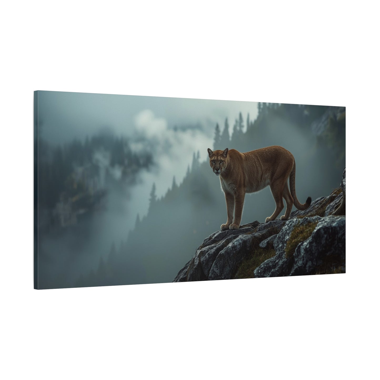 Mountain Lion Canvas Wall Art - Misty Forest Wildlife Landscape, Matte Canvas Print - Moody Contemporary Nature Decor - Living Room Wall Decor, Office Art, Rustic Lodge Accent - Modern Farmhouse Style