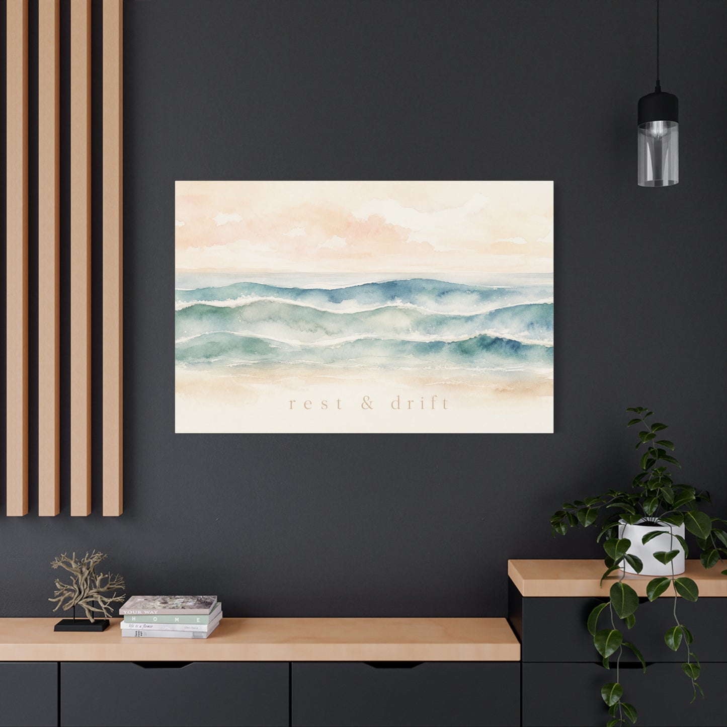 "Rest & Drift" Coastal Ocean Waves Canvas Wall Art - Watercolor Seascape Beach Decor - Serene Pastel Blue And Peach - Bedroom Home Decoration, Living Room Accent, Jellyfish Room Decor - Ready to Hang