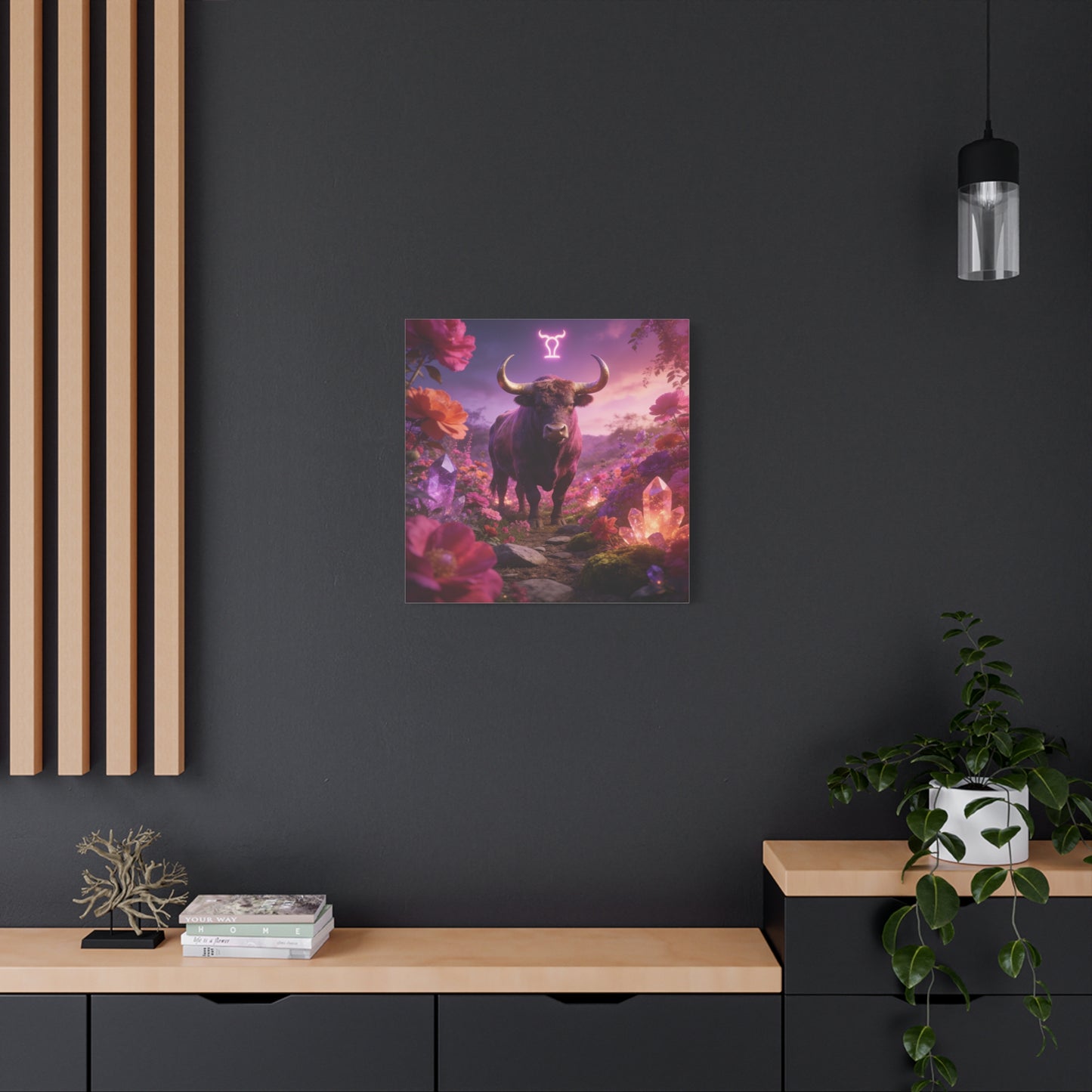 Taurus Zodiac Bull Canvas Wall Art - Neon Taurus Symbol, Floral Crystal Fantasy Print - Dreamy Purple Pink Celestial Decor - Bedroom Home Decoration, Bohemian Living Room Accent - Office Wall Art