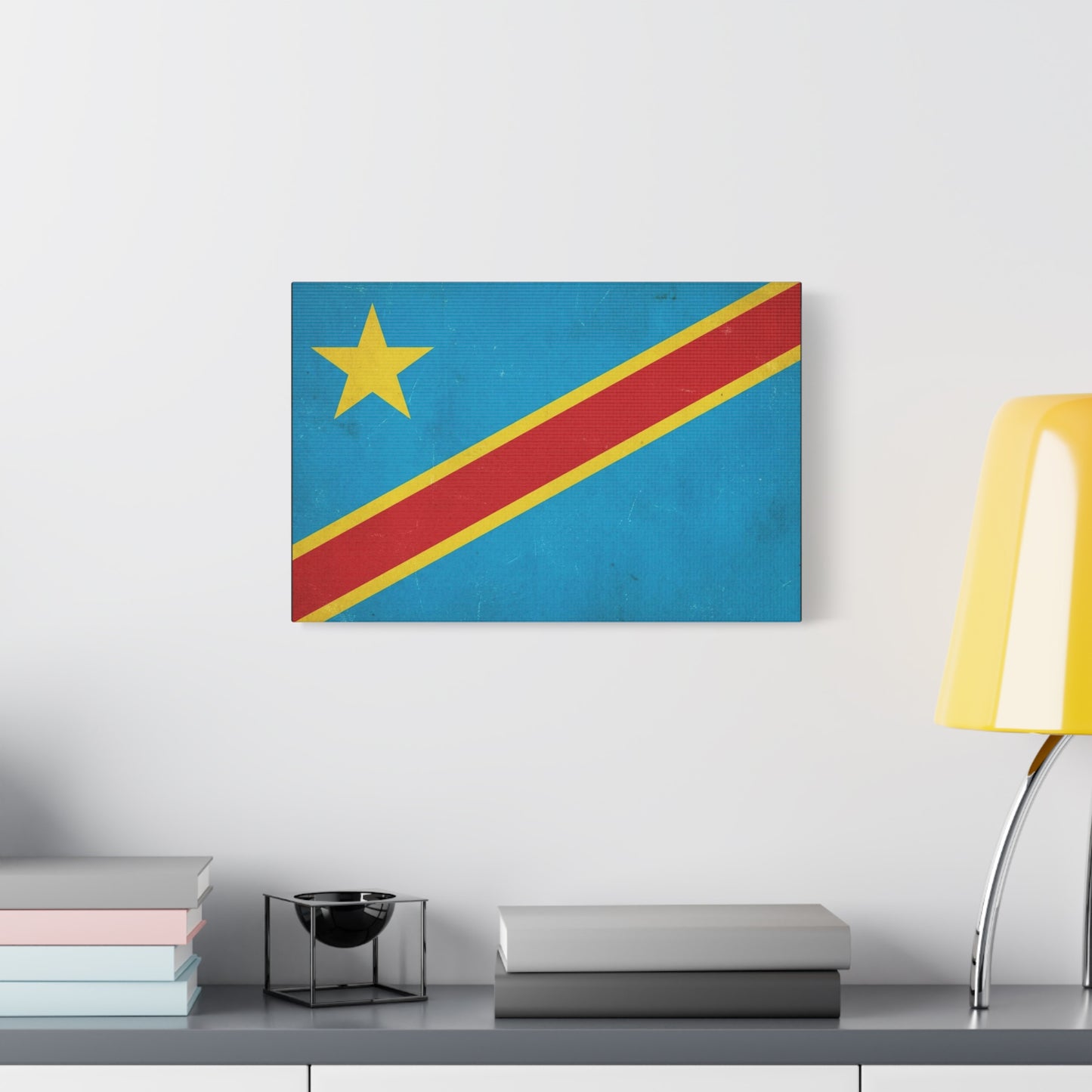 Democratic Republic Of The Congo Flag Canvas Wall Art - Vintage Patriotic Country Print, Distressed Blue Red Yellow Design - Cultural Pride Decor - Living Room Bedroom Office Accent - Office Wall Art