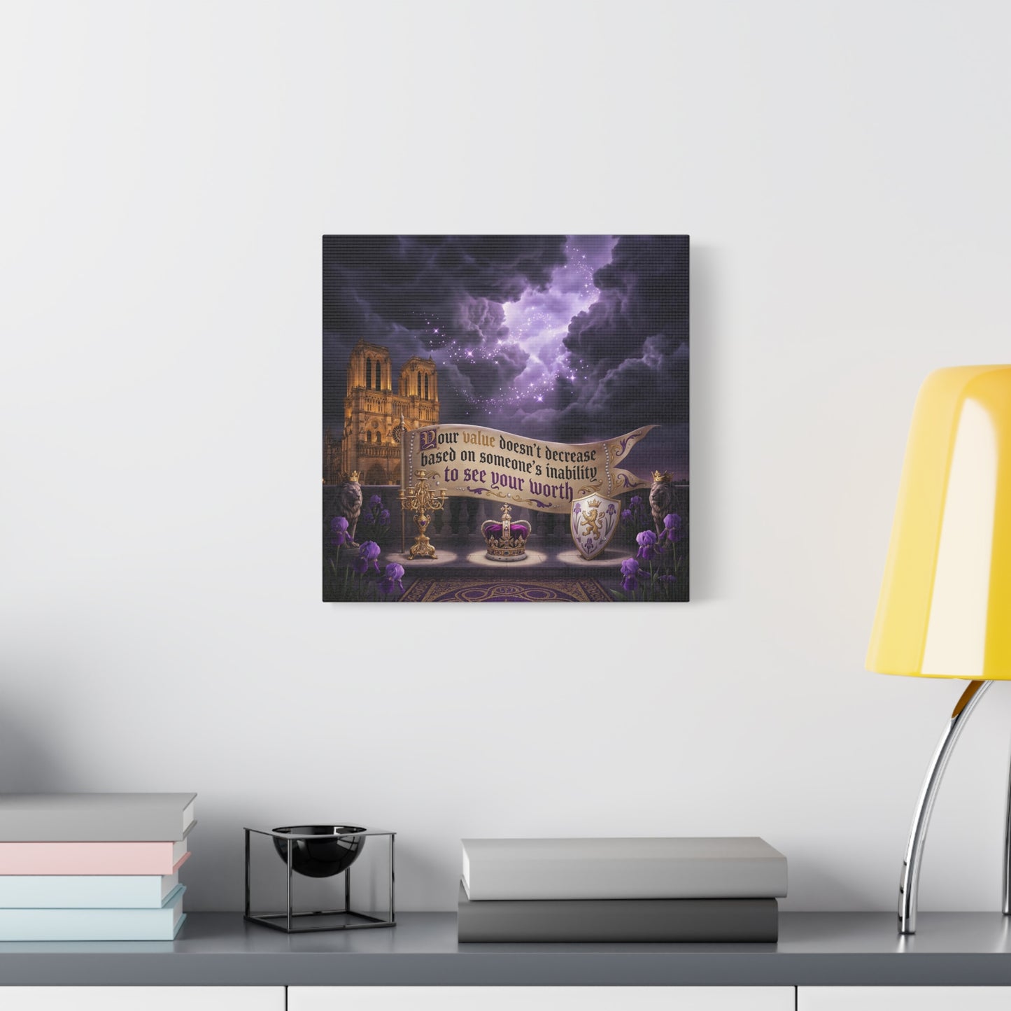 "Your Value Doesn't Decrease Based On Someone's Inability To See Your Worth" Canvas Wall Art - Gothic Cathedral, Purple Sky, Crown And Lions - Inspirational Home Decor - Living Room Bedroom