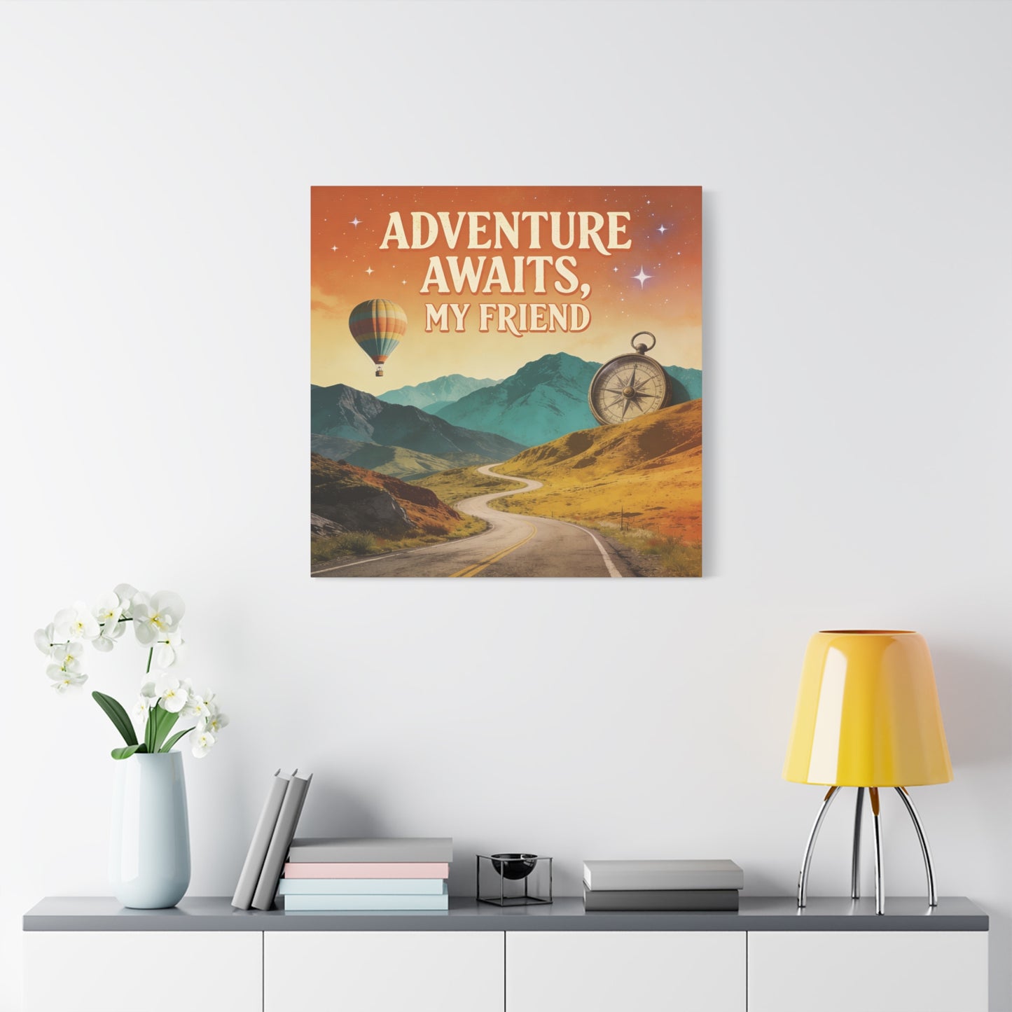 "Adventure Awaits, My Friend" Inspirational Canvas Art Print - Mountain Road, Hot Air Balloon, Compass - Vintage Travel Style, Office Decor, Workspace Accent, Lobby Display, Motivational Art