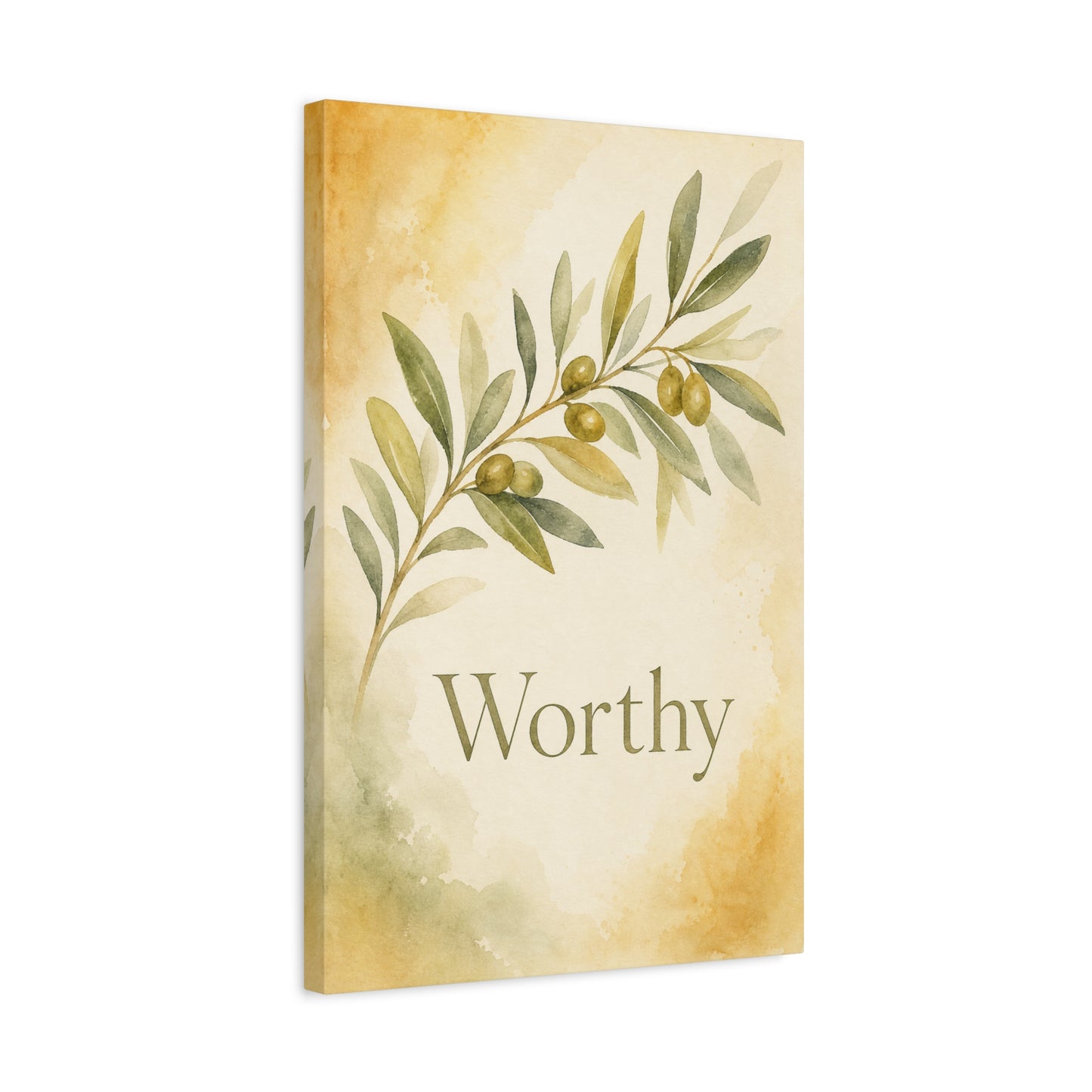 "Worthy" Olive Branch Canvas Wall Art - Botanical Inspirational Wall Decor - Watercolor Sage Gold Canvas Print - Bedroom Living Room Decoration - Ready to Hang - Bedroom Home Decoration