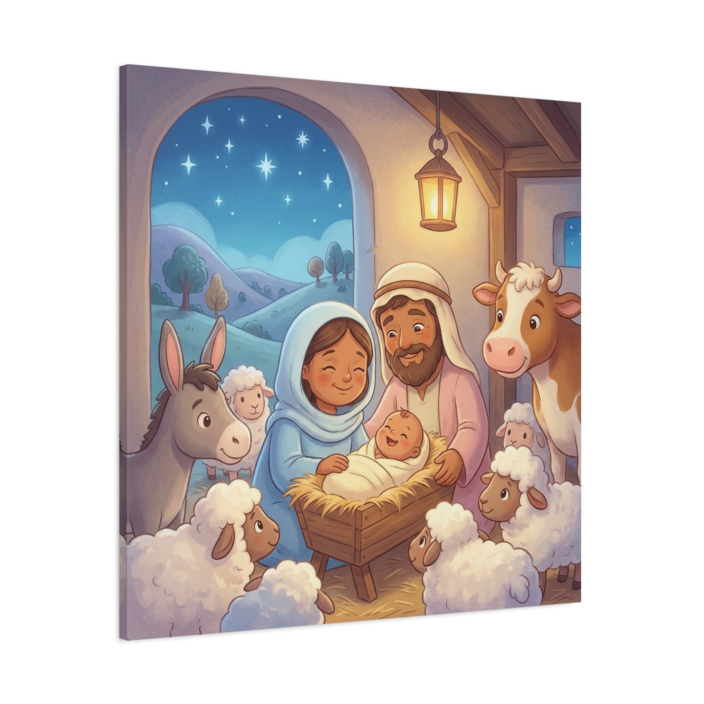 Holy Family Nativity Canvas Wall Art - Baby Jesus, Mary And Joseph Nursery Decor - Starry Stable Christian Home Decoration - Matte Canvas Print For Bedroom, Living Room - Ready to Hang - Ready to Hang