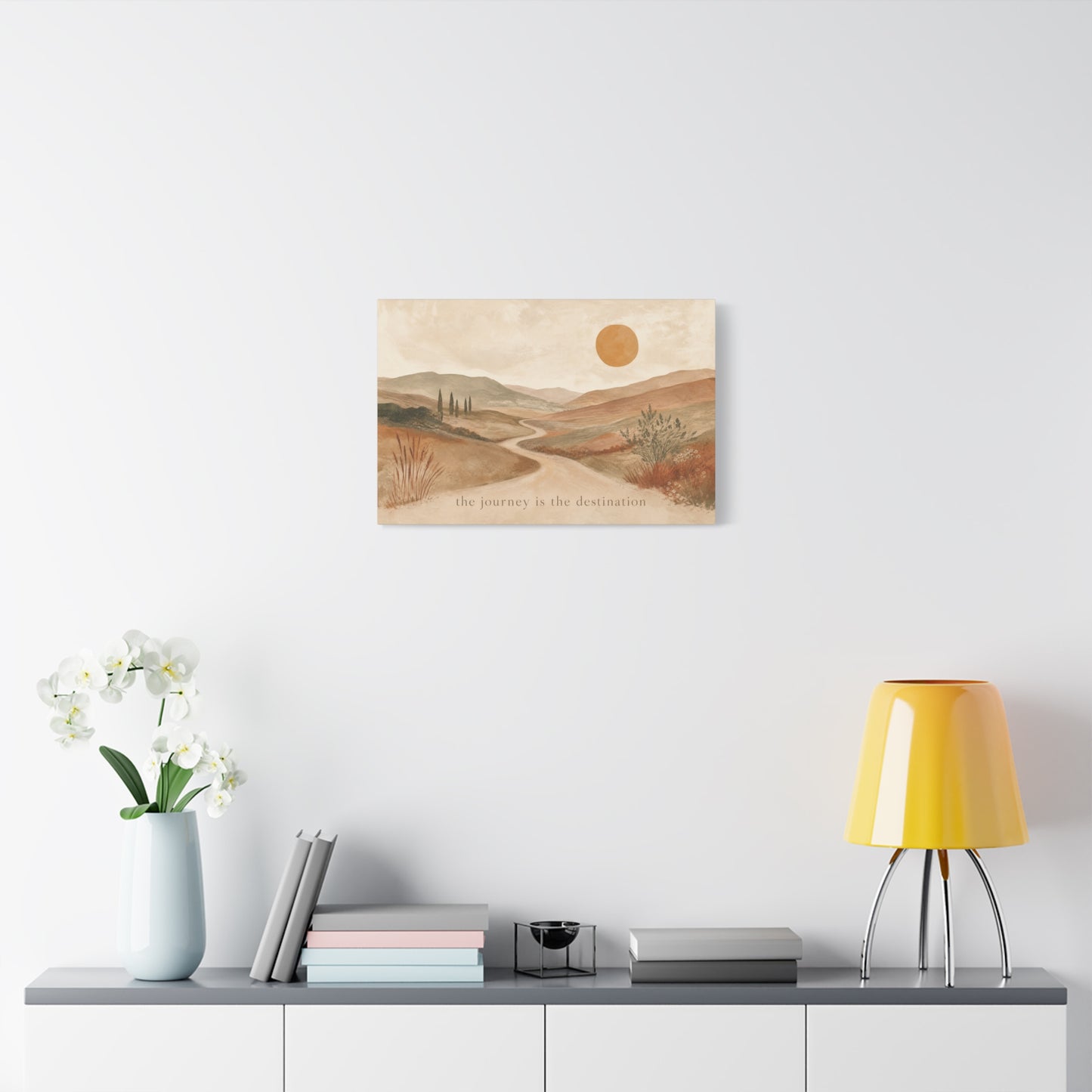 "The Journey Is The Destination" Landscape Canvas Wall Art - Desert Hills, Winding Path, Terracotta Sun - Minimalist Typography Print - Bedroom Wall Decor, Living Room Home Decoration - Ready to Hang