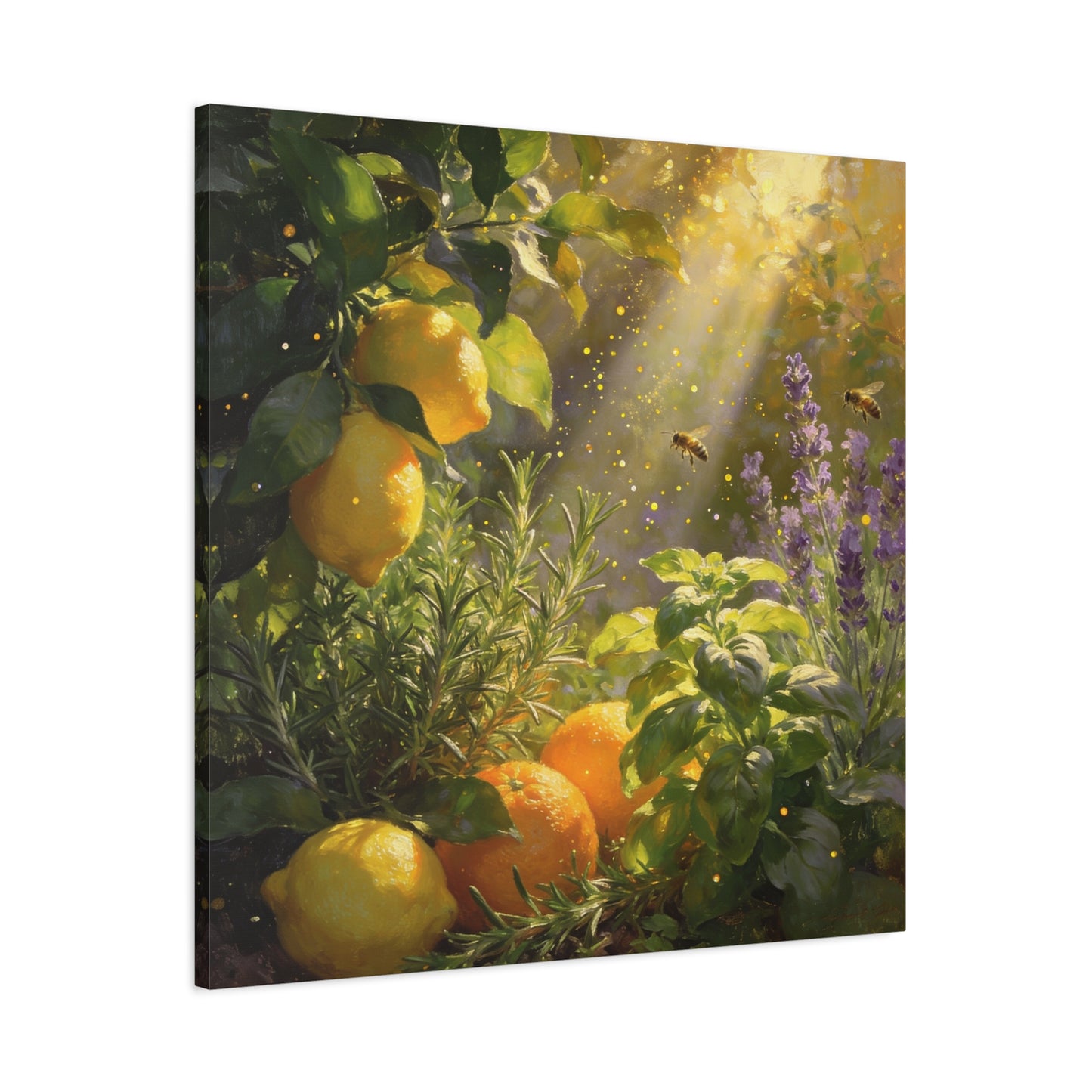 Lemon Herb Garden Canvas Wall Art - Bees, Lavender, Rosemary, Sunlit Botanical Painting - Matte Cotton Print, Rustic Farmhouse Style - Kitchen Wall Decor, Dining Room Accent - Bedroom Home Decoration