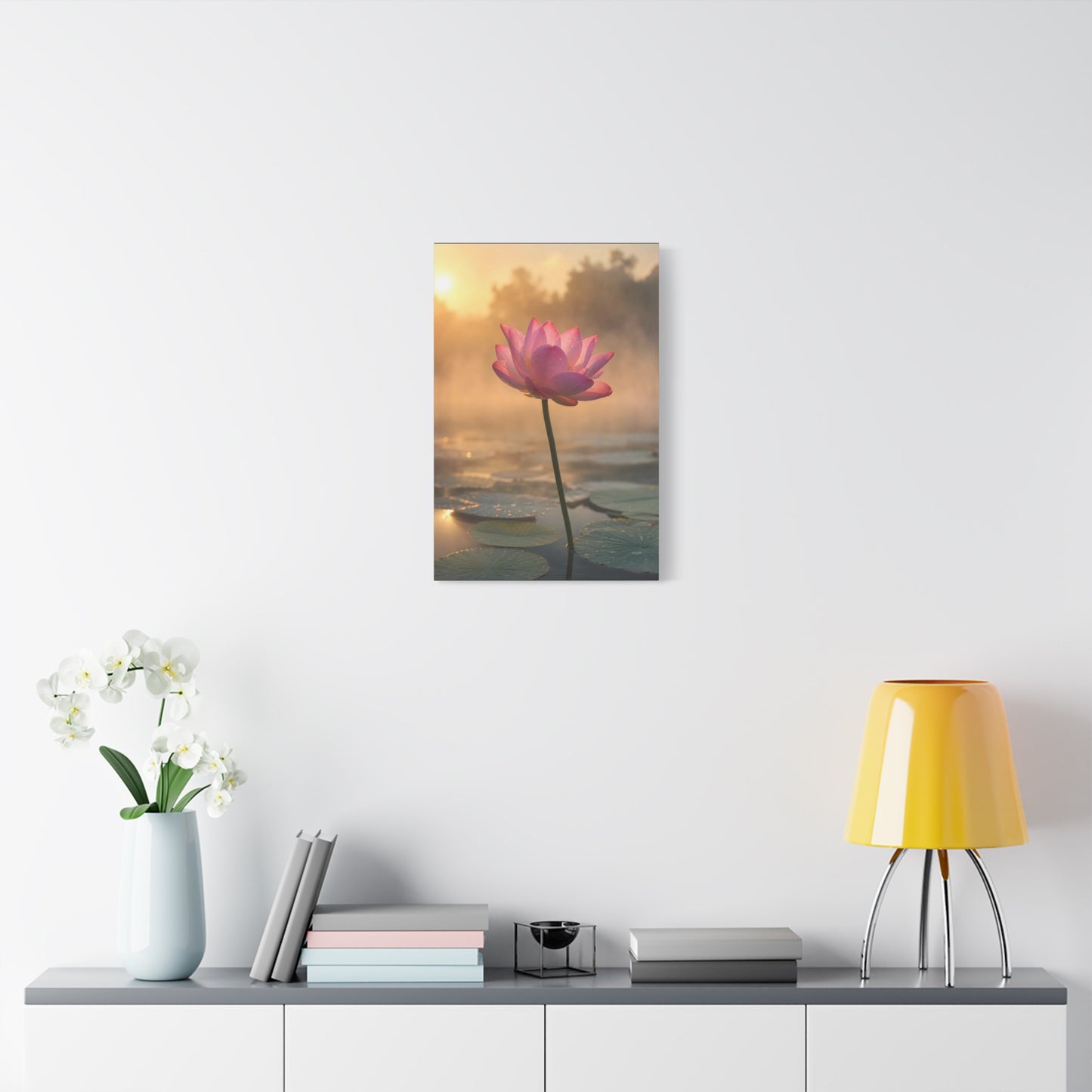 Pink Lotus Canvas Wall Art - Serene Water Lily Sunrise Floral Print - Soft Golden Light, Matte Canvas Print - Bedroom Wall Decor, Bathroom Home Decoration, Zen Meditation Space - Cozy Reading Nook Art