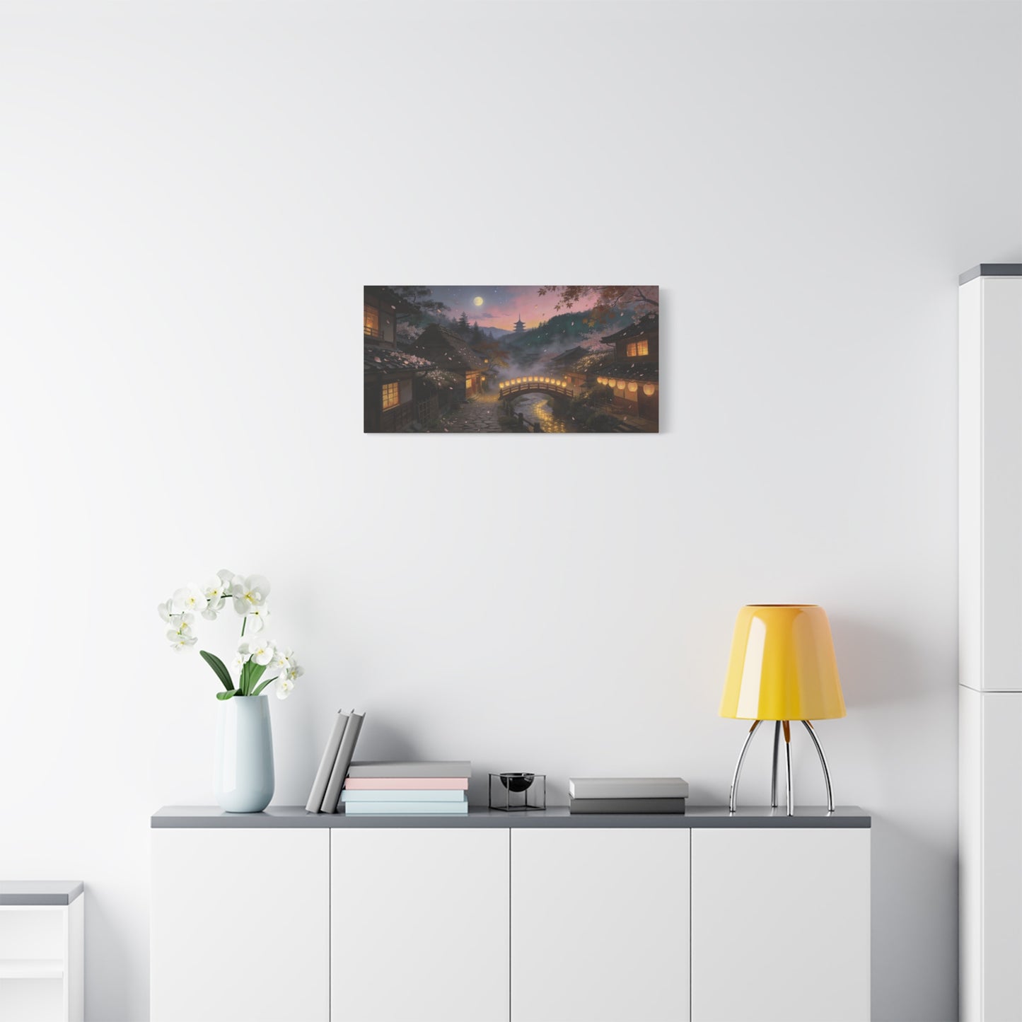 Japanese Village Moonlit Canvas Wall Art - Lantern Bridge, Cherry Blossom Petals, Pagoda Landscape - Matte Cotton Print - Traditional Style, Living Room Wall Decor, Bedroom Decoration - Ready to Hang