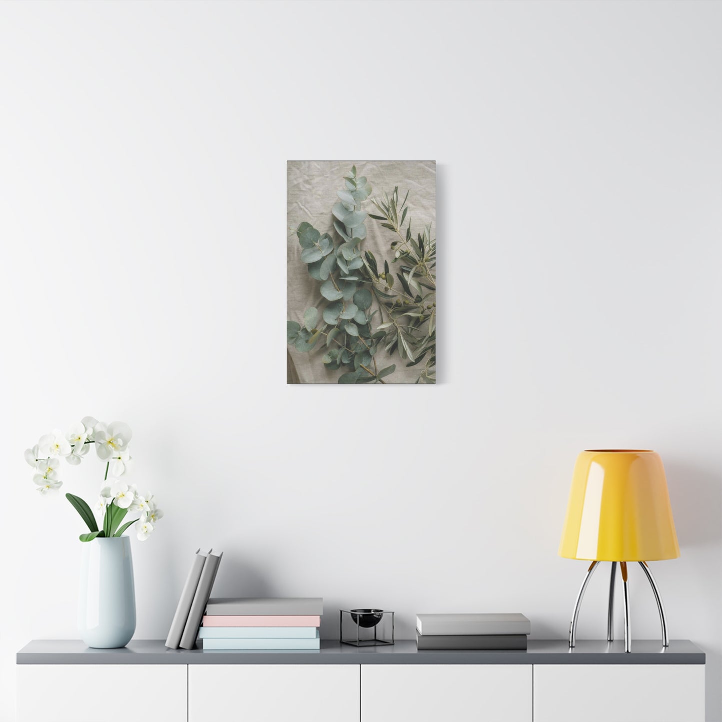 Eucalyptus And Olive Branch Canvas Wall Art - Botanical Still Life, Soft Sage Beige Tones - Matte Cotton Print, Minimalist Traditional Style - Bedroom Decoration, Spa Accent - Living Room Wall Decor