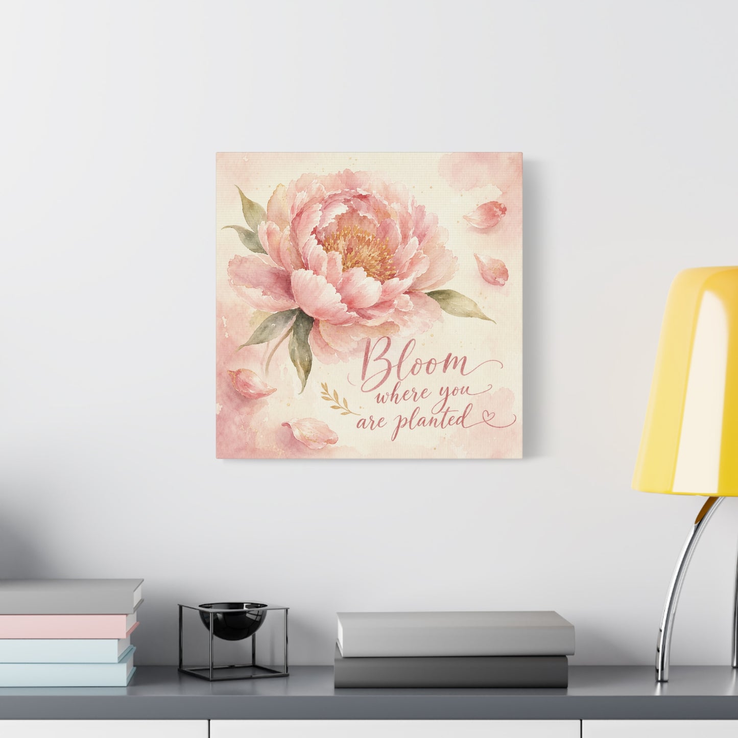 "Bloom Where You Are Planted" Peony Canvas Wall Art - Pink Watercolor Floral Quote Print, Soft Botanical Decor, Bedroom Wall Hanging, Feminine Farmhouse Style - Bedroom Home Decoration - Ready to Hang