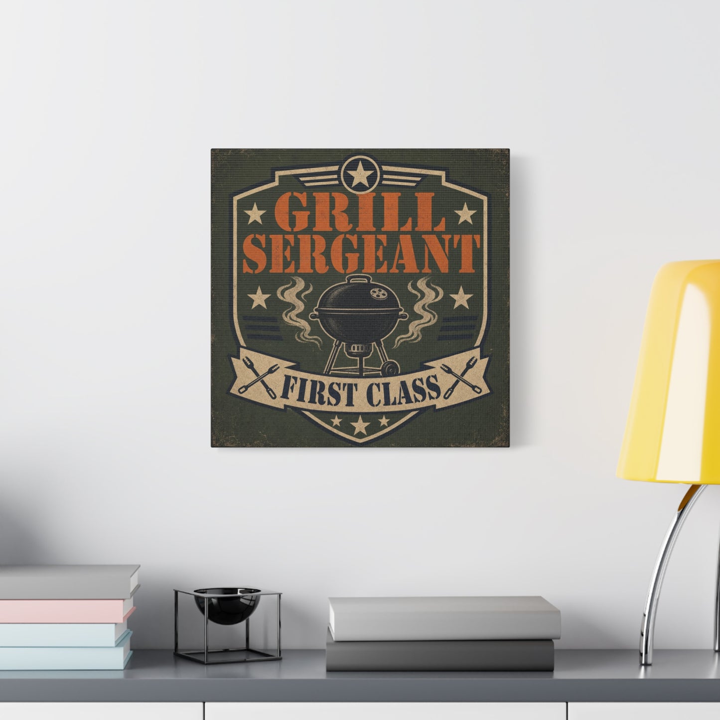 "Grill Sergeant First Class" BBQ Canvas Wall Art - Vintage Grill Badge Sign, Rustic Patriotic Kitchen Decor, Retro Barbecue Poster Style, Man Cave Wall Decor - Ready to Hang - Bedroom Home Decoration