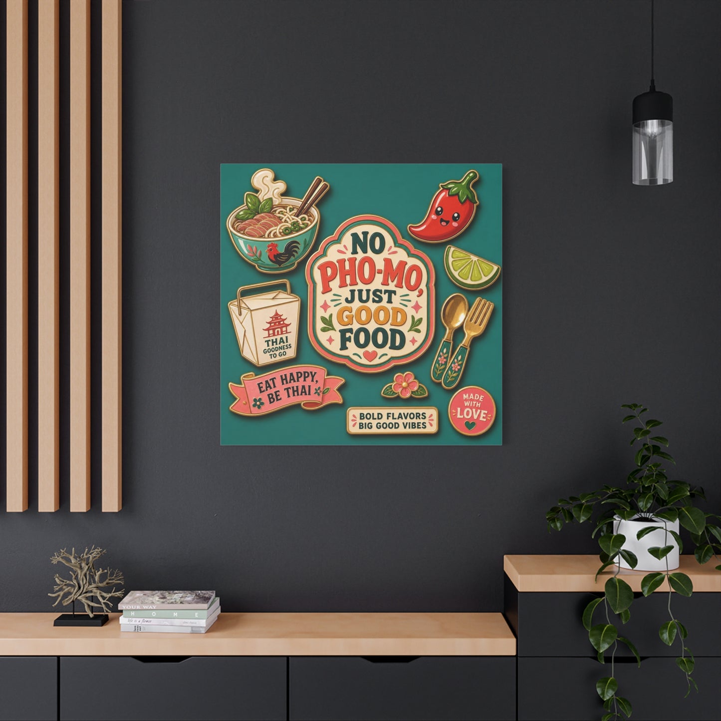"No Pho-Mo Just Good Food" Canvas Wall Art - Thai Food Quote Kitchen Decor - Colorful Illustration Print, Retro Typography Style - Dining Room Accent, Cafe Wall Decor - Bedroom Home Decoration