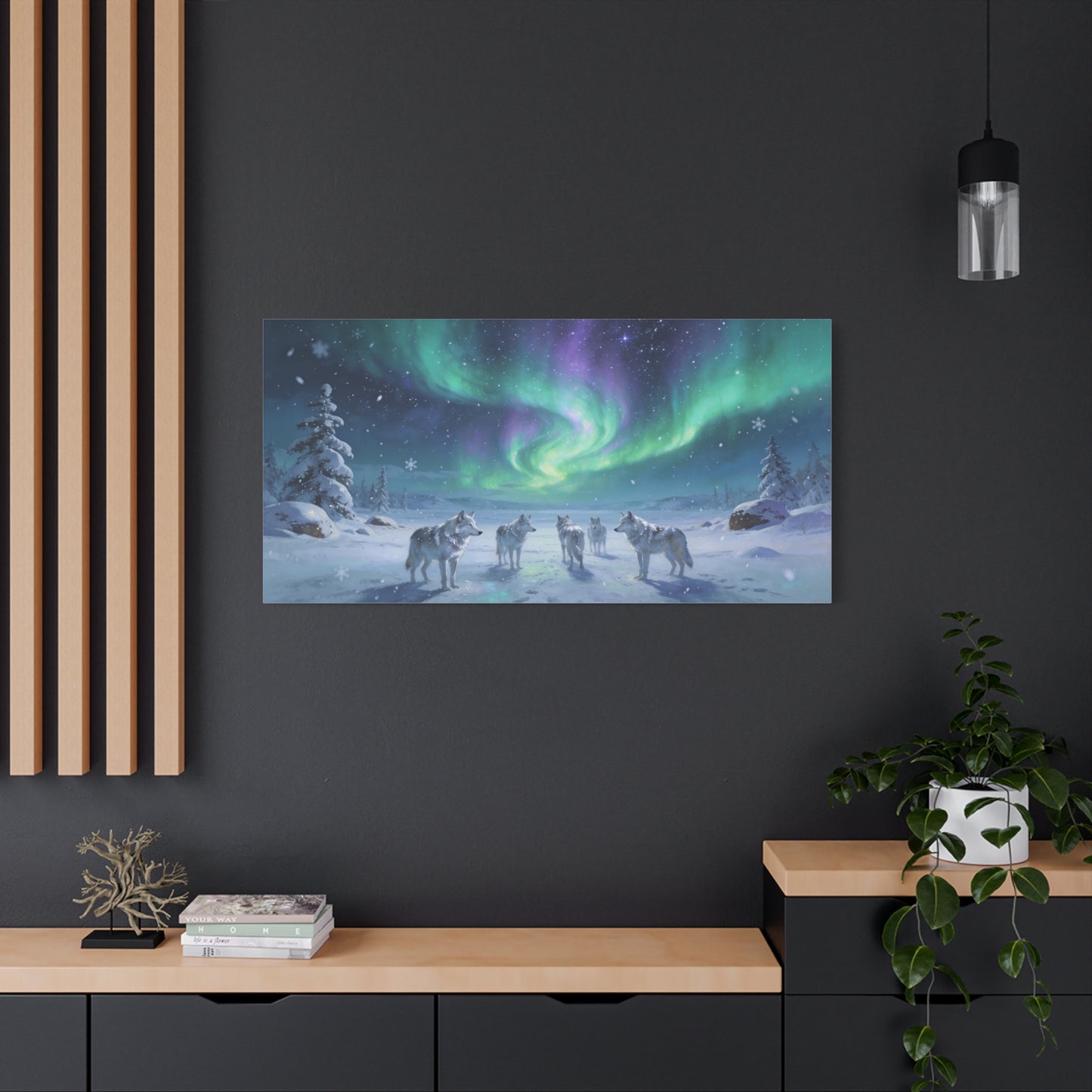 Arctic Wolf Pack Canvas Wall Art - Aurora Borealis Snowy Winter Landscape, Northern Lights Canvas Print, Blue Green Purple Sky, Living Room Wall Decor, Bedroom Home Decoration - Modern Farmhouse Style