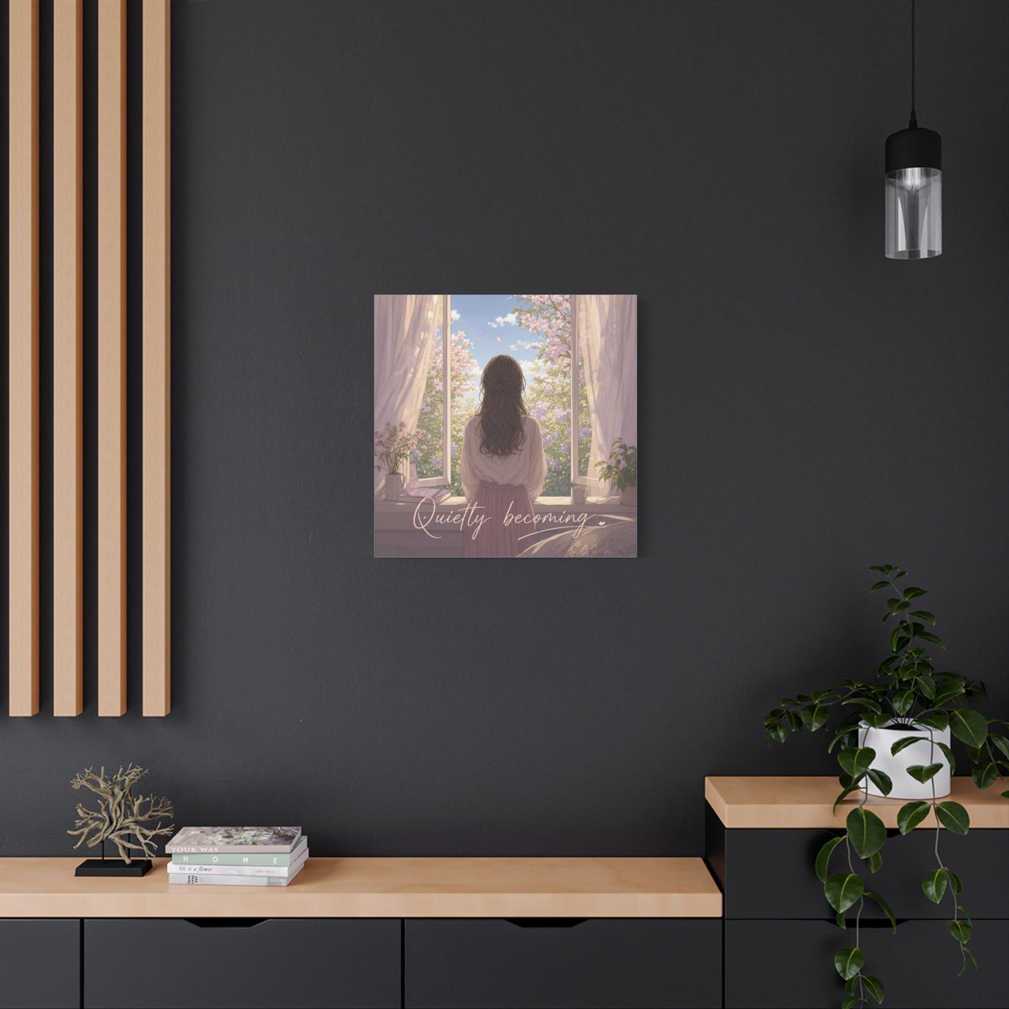 "Quietly Becoming" Girl At Window Canvas Wall Art - Cherry Blossom Bedroom Decor, Soft Pastel Inspirational Print, Dreamy Feminine Room Decoration - Bedroom Home Decoration - Living Room Wall Decor