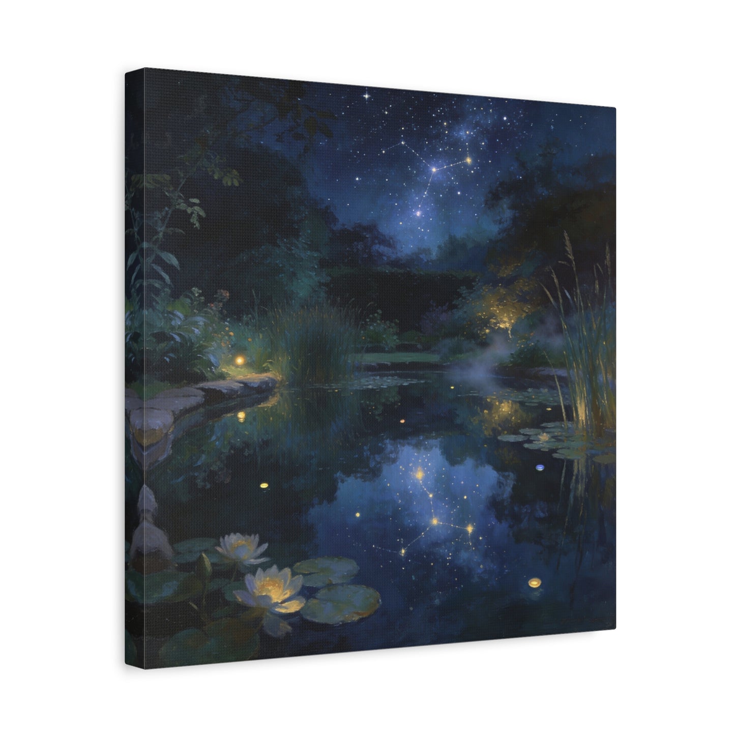 Starry Night Pond Canvas Wall Art - Moonlit Water Lilies, Celestial Reflection Landscape - Dreamy Matte Canvas Print - Traditional Nightscape Style - Living Room Wall Decor Bedroom Home Accent