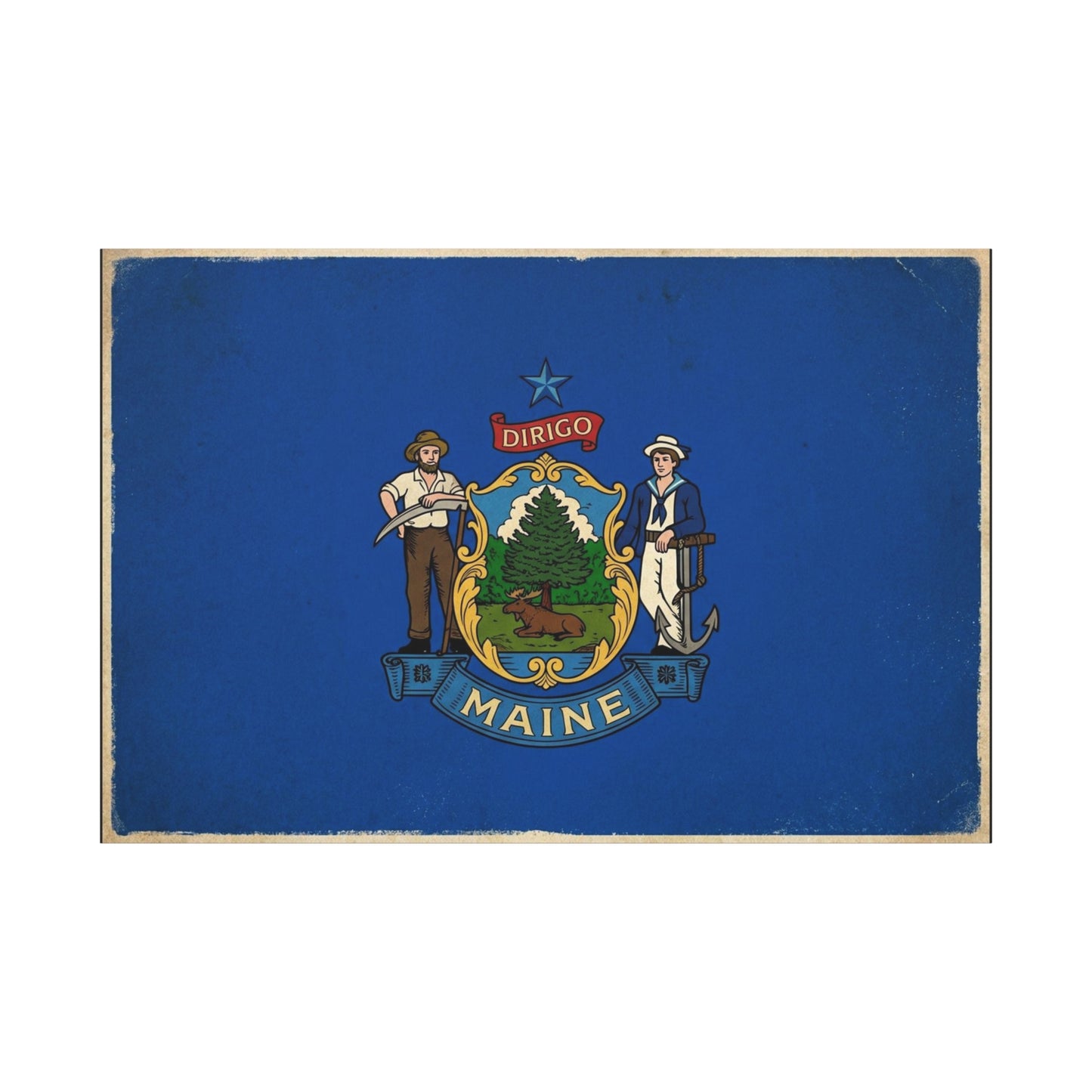 Maine State Flag Canvas Wall Art - Dirigo Vintage Blue Flag Print, Rustic Patriotic Decor - Distressed Illustration Style - Living Room Wall Decor, Office Art Accent - Bedroom Home Decoration