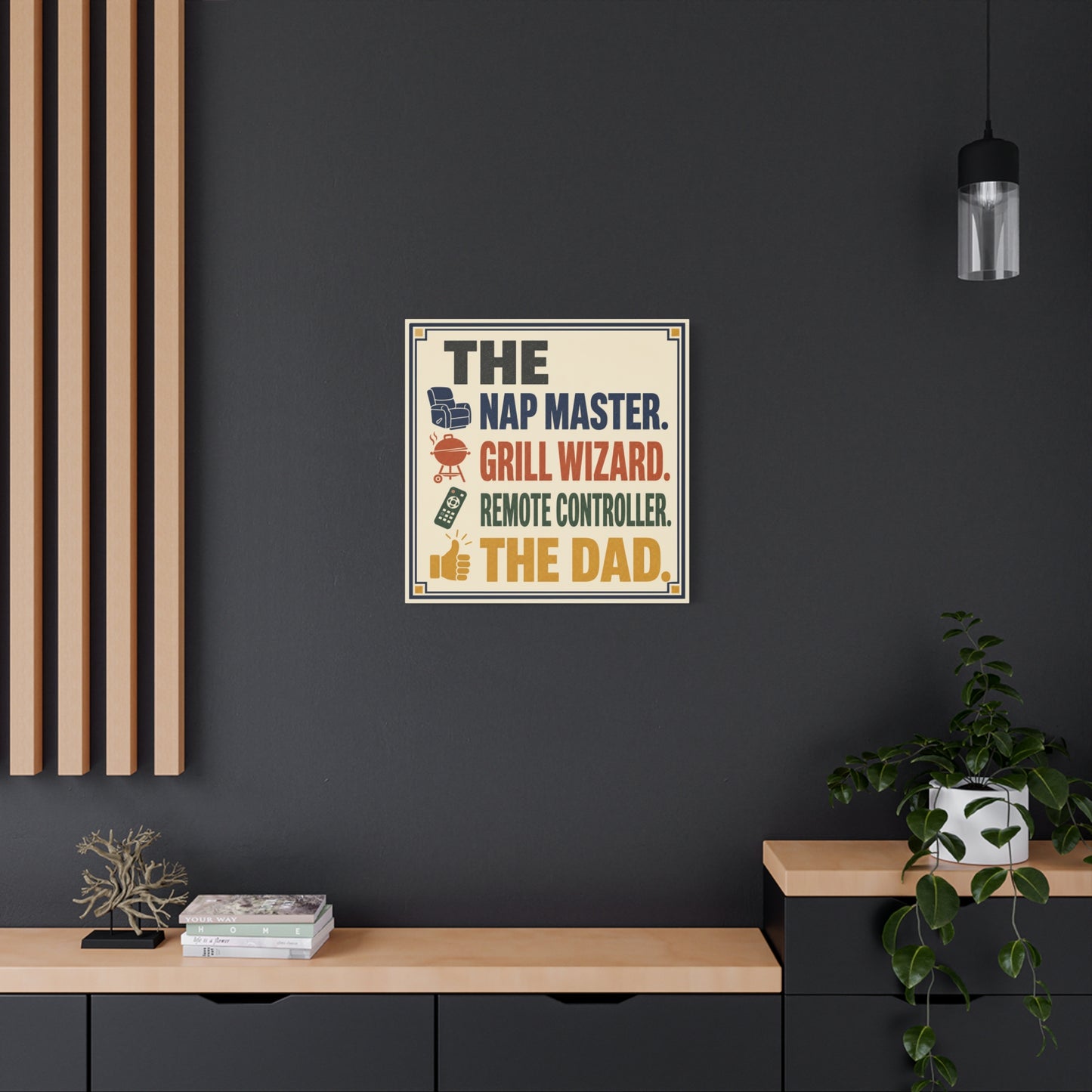 "The Nap Master. Grill Wizard. Remote Controller. The Dad." Canvas Wall Art - Retro Typography Print, Colorful Father Quote Decor - Vintage Style
