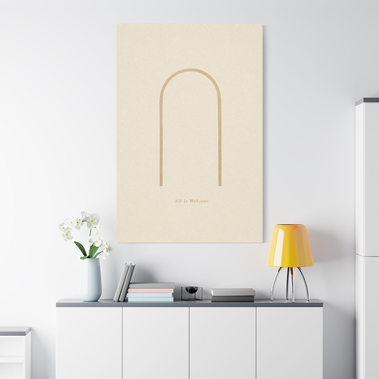 "All Is Welcome" Minimalist Arch Canvas Wall Art - Neutral Beige Line Print, Contemporary Typography Decor - Calming Bedroom Home Decoration, Living Room Wall Decor - Ready to Hang - Ready to Hang