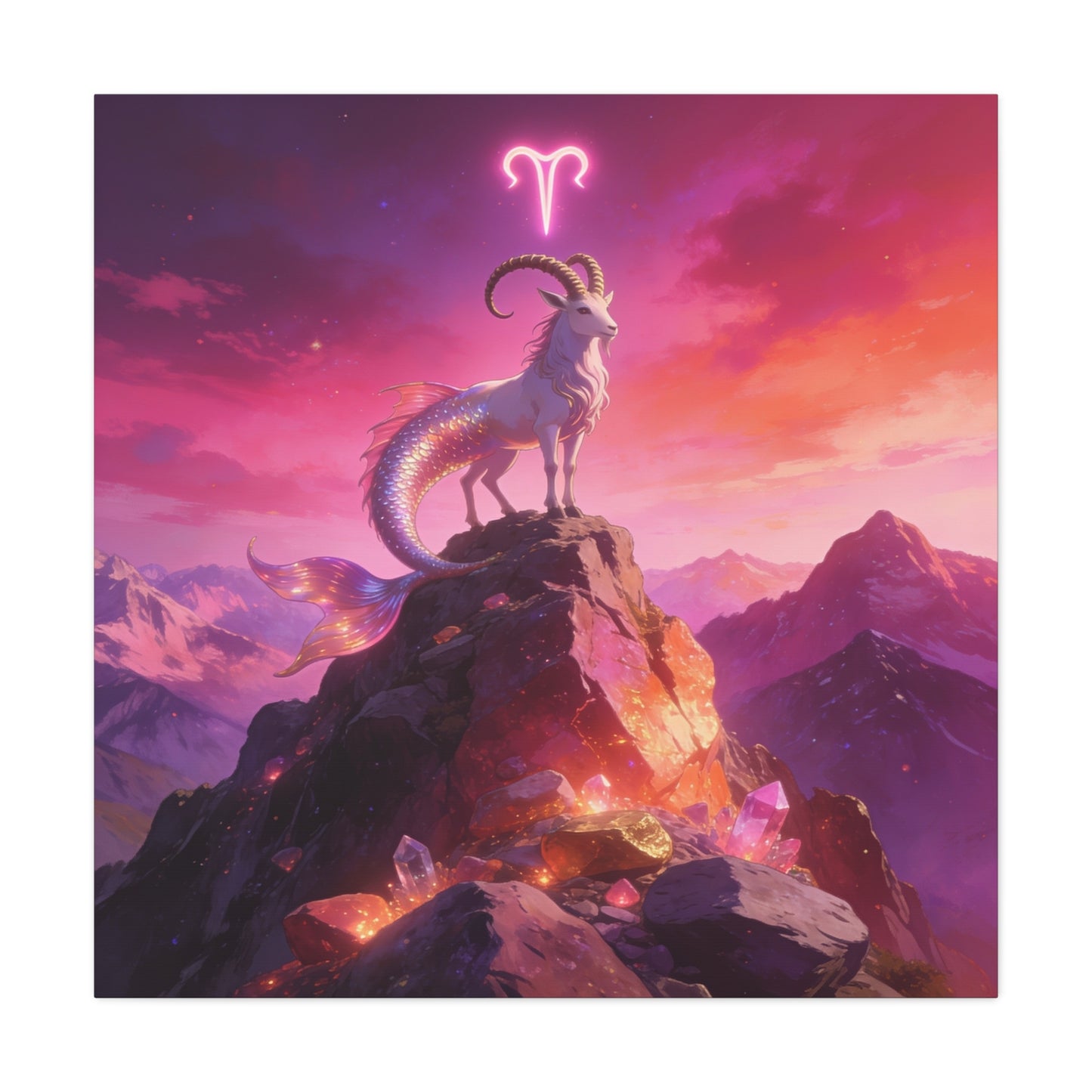 Aries Zodiac Mermaid Goat Canvas Wall Art - Fantasy Mountain Crystal Scene - Pink Purple Celestial Illustration - Modern Mystical Decor, Bedroom Home Decoration, Office Wall Art - Ready to Hang