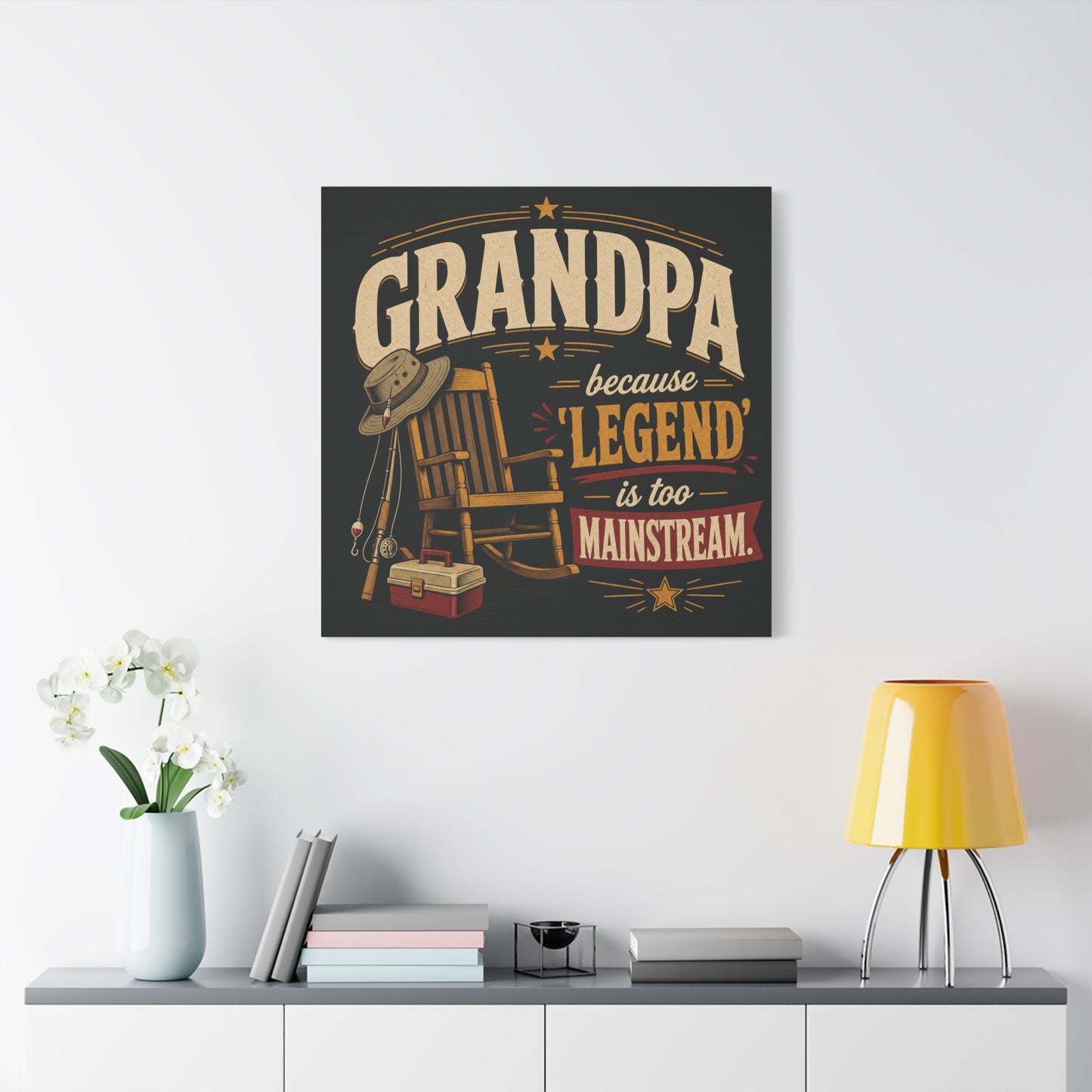 "Grandpa Because 'Legend' Is Too Mainstream" Canvas Wall Art - Vintage Fishing Rocking Chair Print - Rustic Typography Decor - Living Room Wall Decor - Ready to Hang - Bedroom Home Decoration