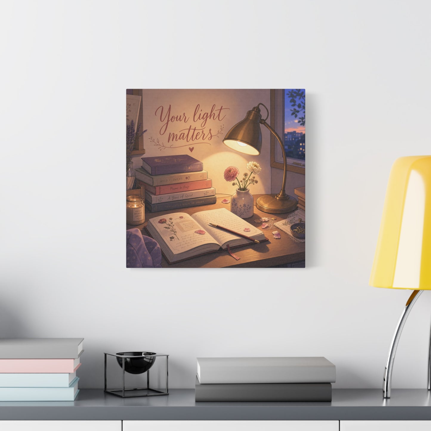 "Your Light Matters" Inspirational Canvas Wall Art - Cozy Desk Lamp Books Floral Print - Warm Vintage Bedroom Wall Decor - Reading Nook Home Decoration - Ready to Hang - Bedroom Home Decoration